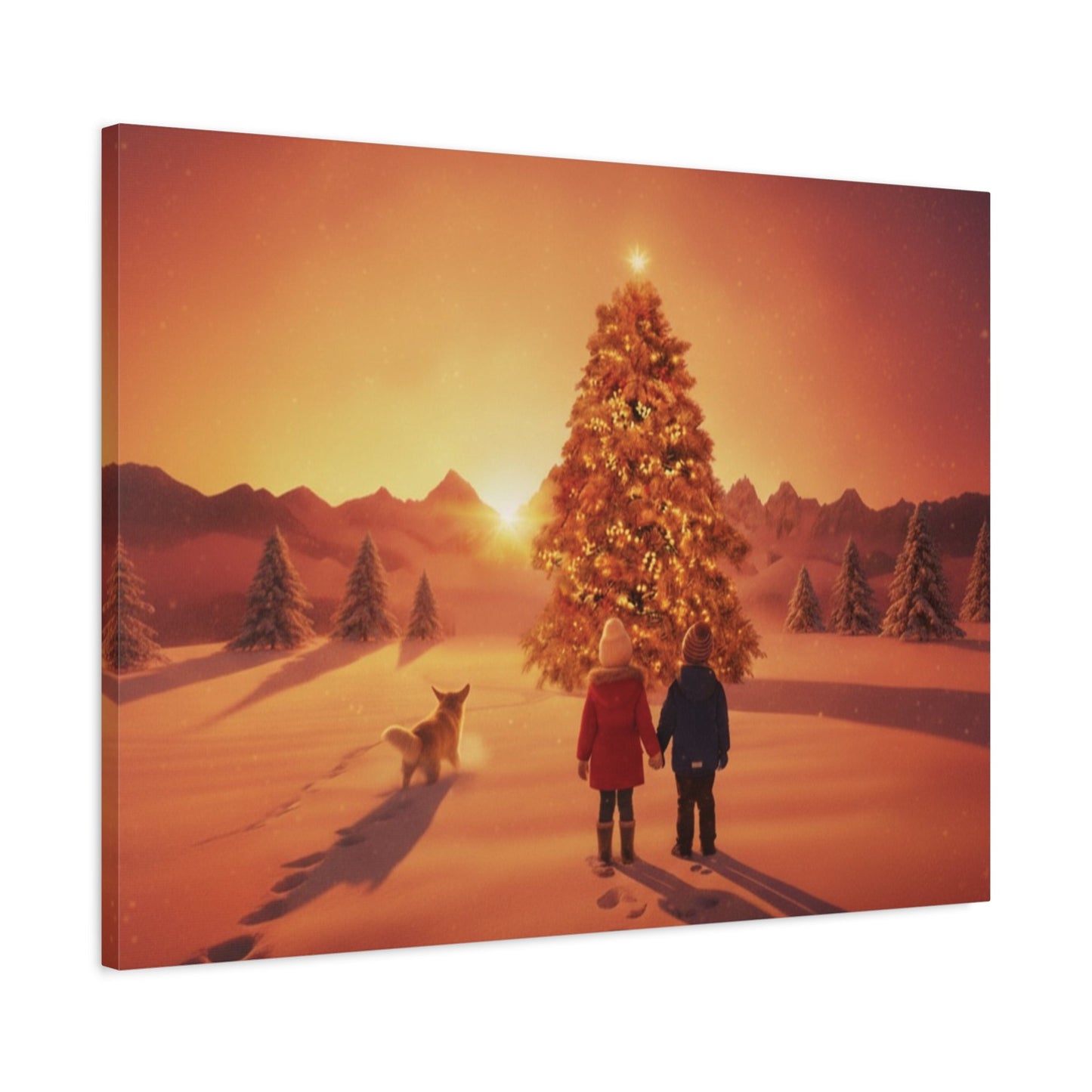 Canvas wall art of children and golden retriever beside illuminated Christmas tree at sunrise in snowy field