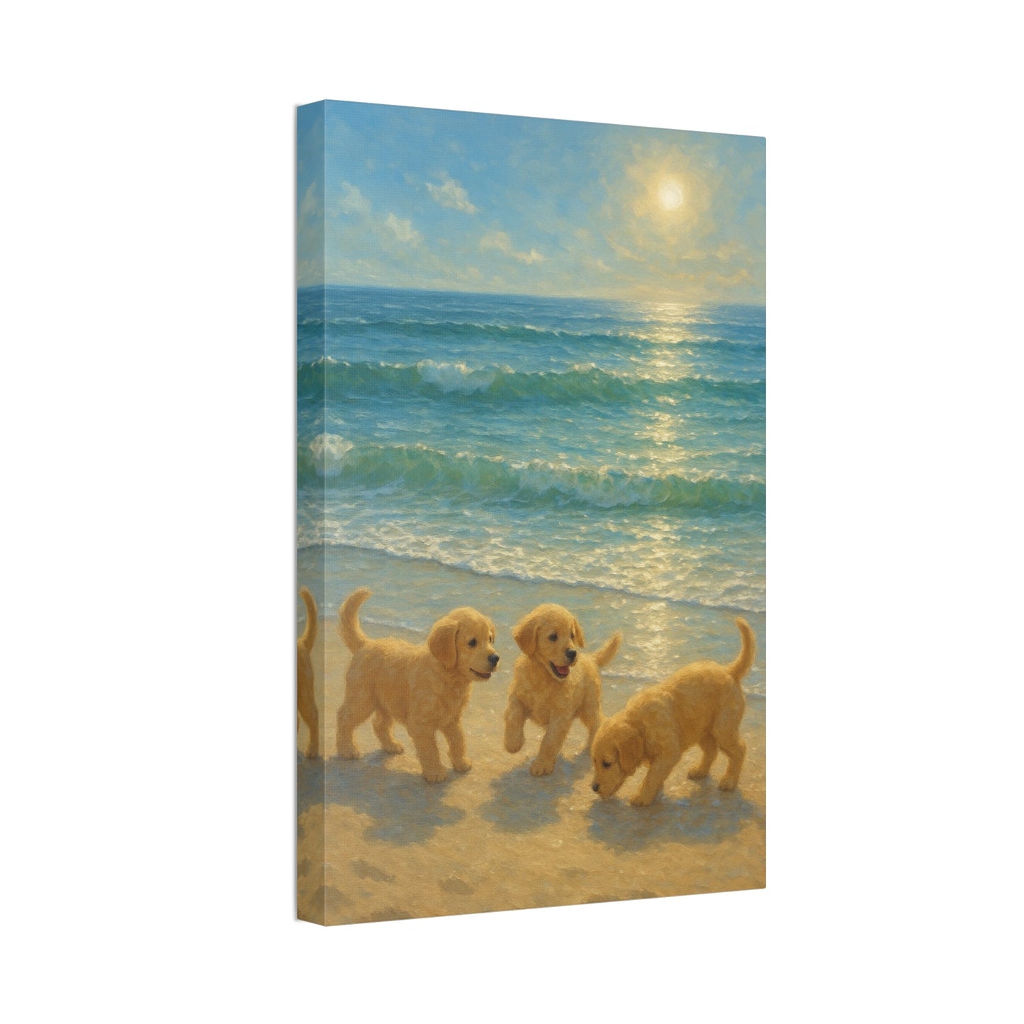 Abstract canvas wall art of three Golden Retriever puppies playing at the beach with sunlit ocean waves and golden sunlight reflections