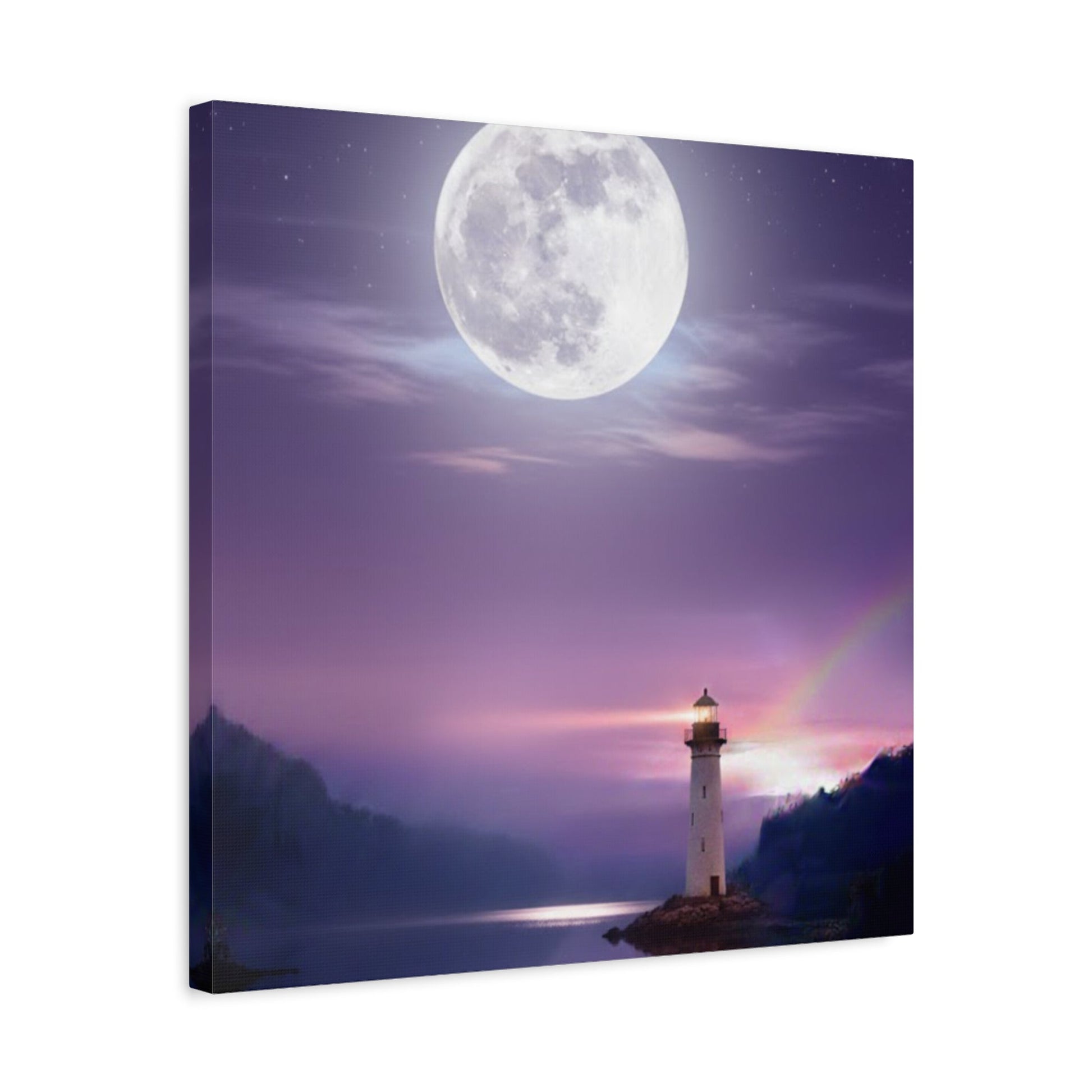 Canvas wall art of a lighthouse at night under a glowing full moon reflected on a calm lake with violet and indigo hues