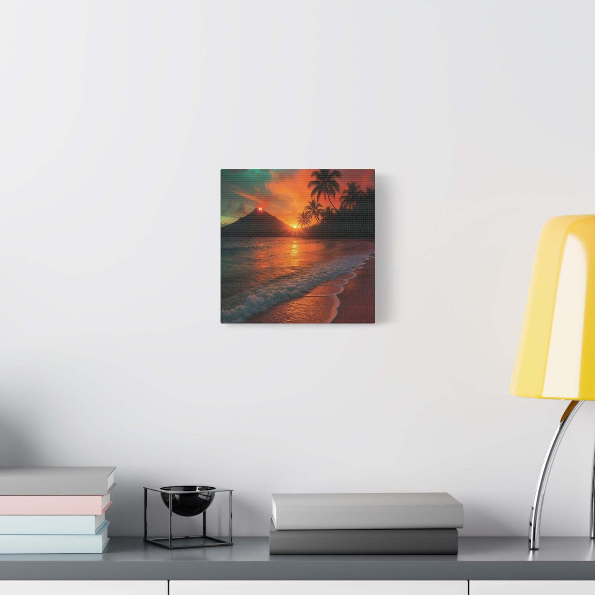 Canvas wall art of red lava flowing with sunrise over ocean and palm trees on beach