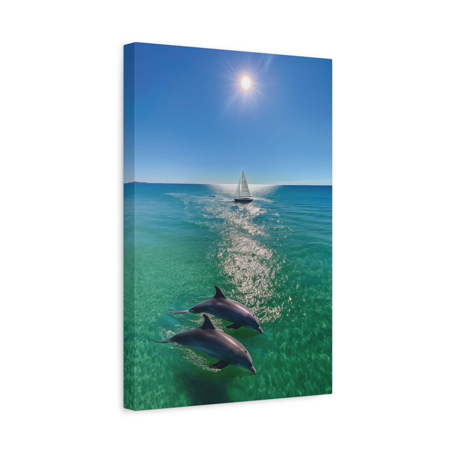 Wall Art Canvas Print featuring sailboat and dolphins in sunlit ocean scene