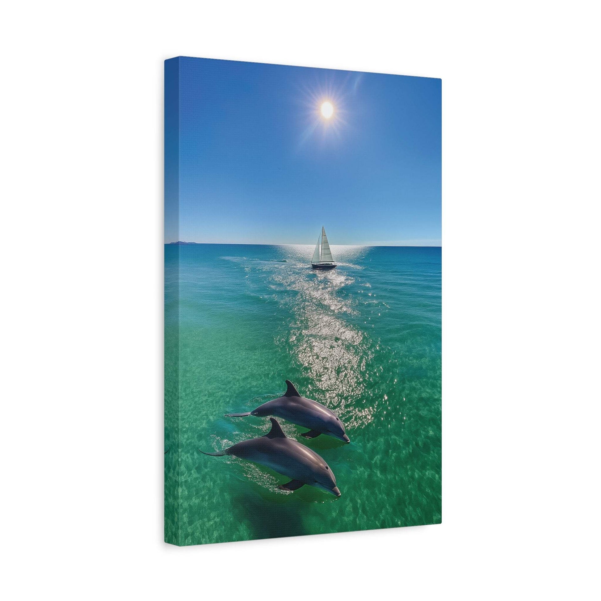 Wall Art Canvas Print featuring sailboat and dolphins in sunlit ocean scene