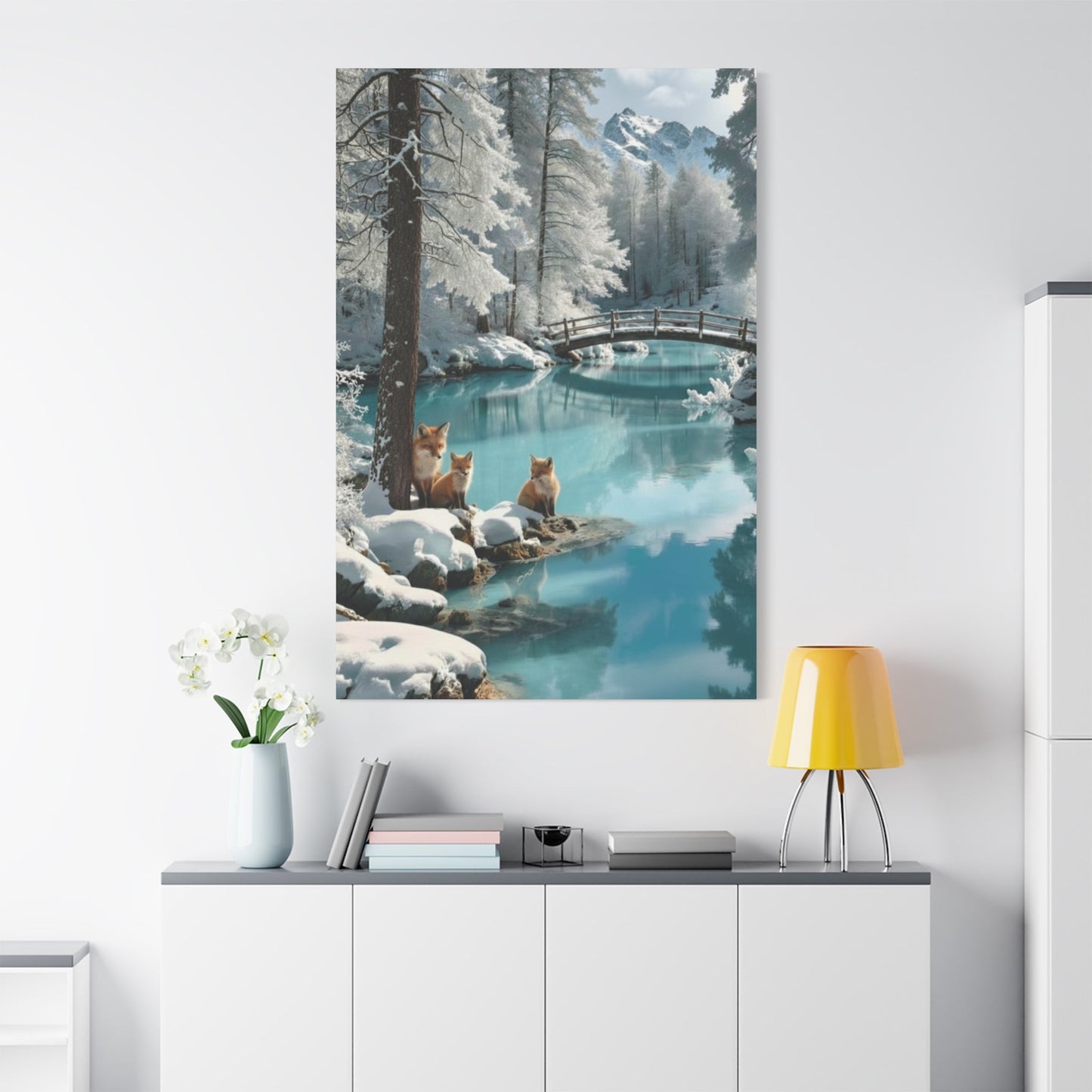 Winter foxes canvas wall art depicting snowy landscape with serene water and animals, ideal for nature-inspired home décor