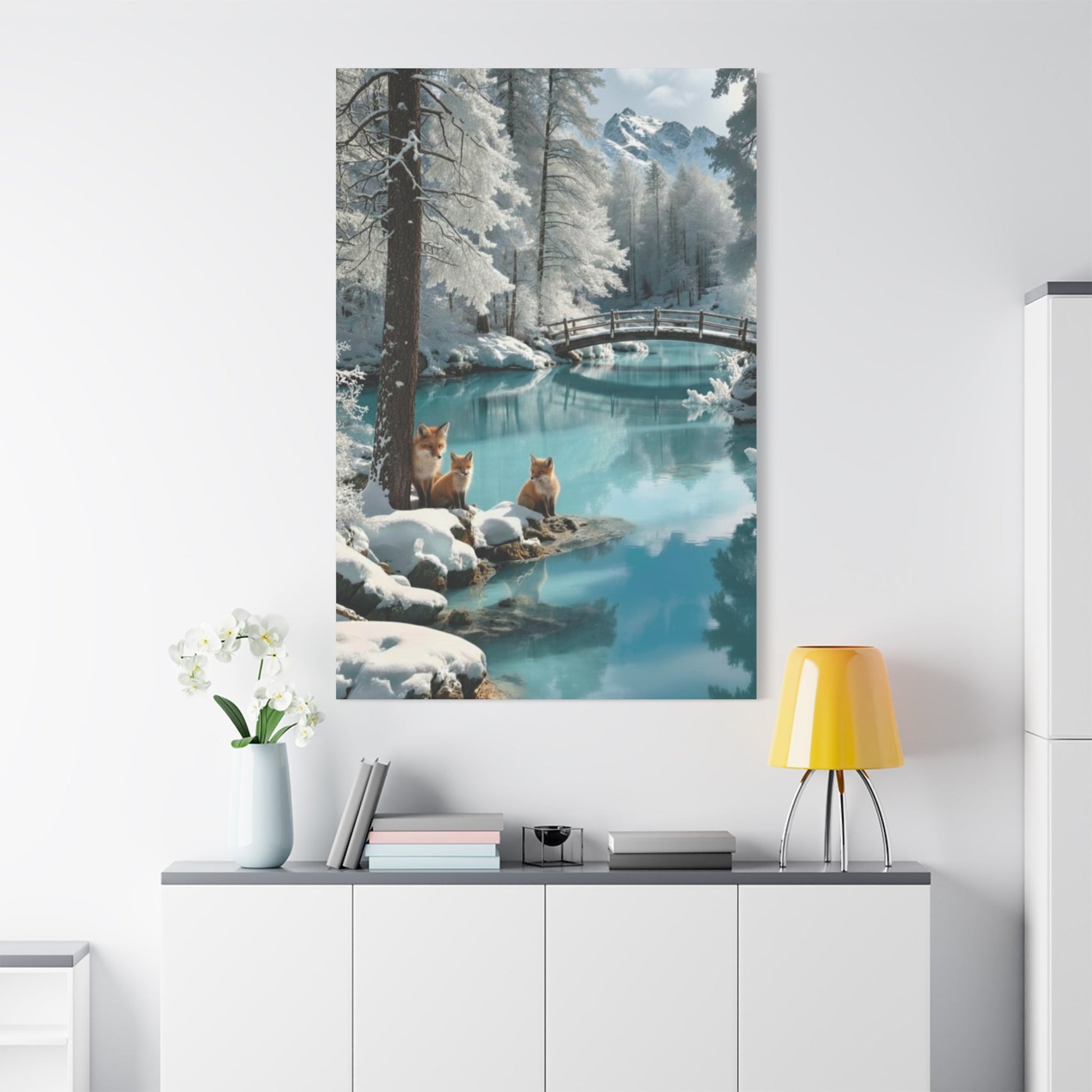 Winter foxes canvas wall art depicting snowy landscape with serene water and animals, ideal for nature-inspired home décor
