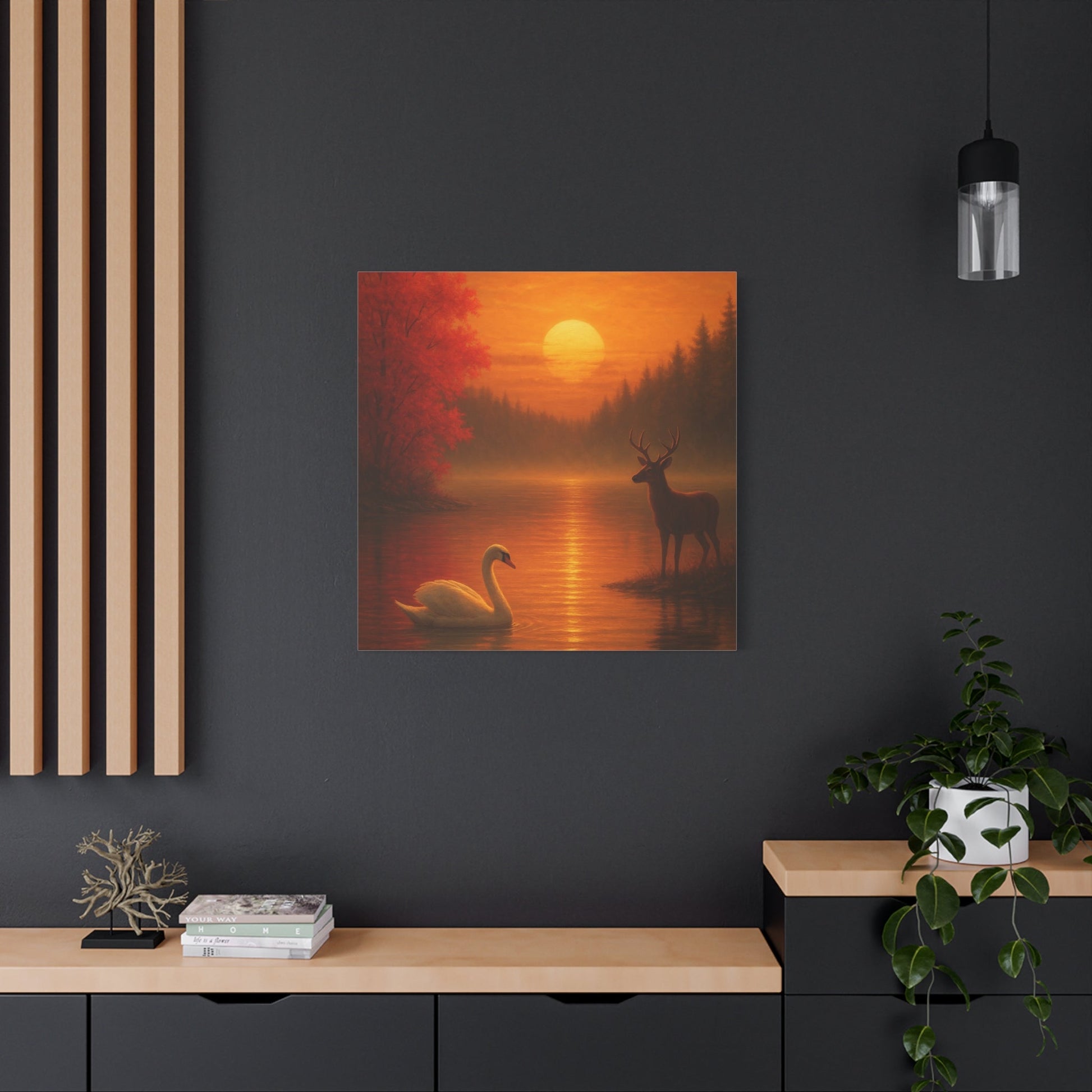 Dusk on the autumn lake sunset canvas wall art with swan, deer, and fiery orange-red sky