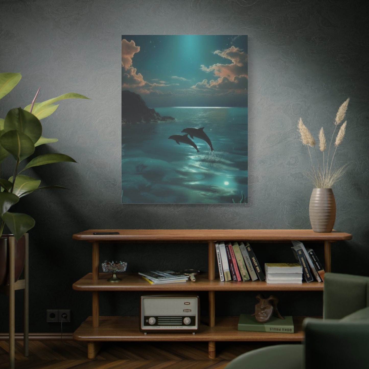 Playful Dolphin Moonlight Canvas Print — Tranquil Ocean Wall Art