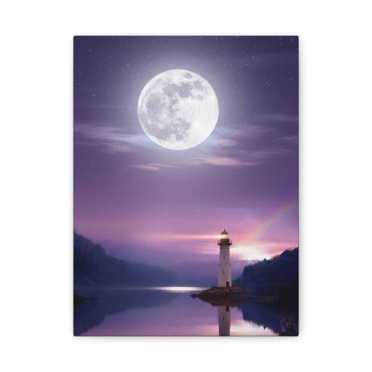 Canvas wall art featuring a serene full moon over a calm lake with a lighthouse reflecting in purple and indigo tones