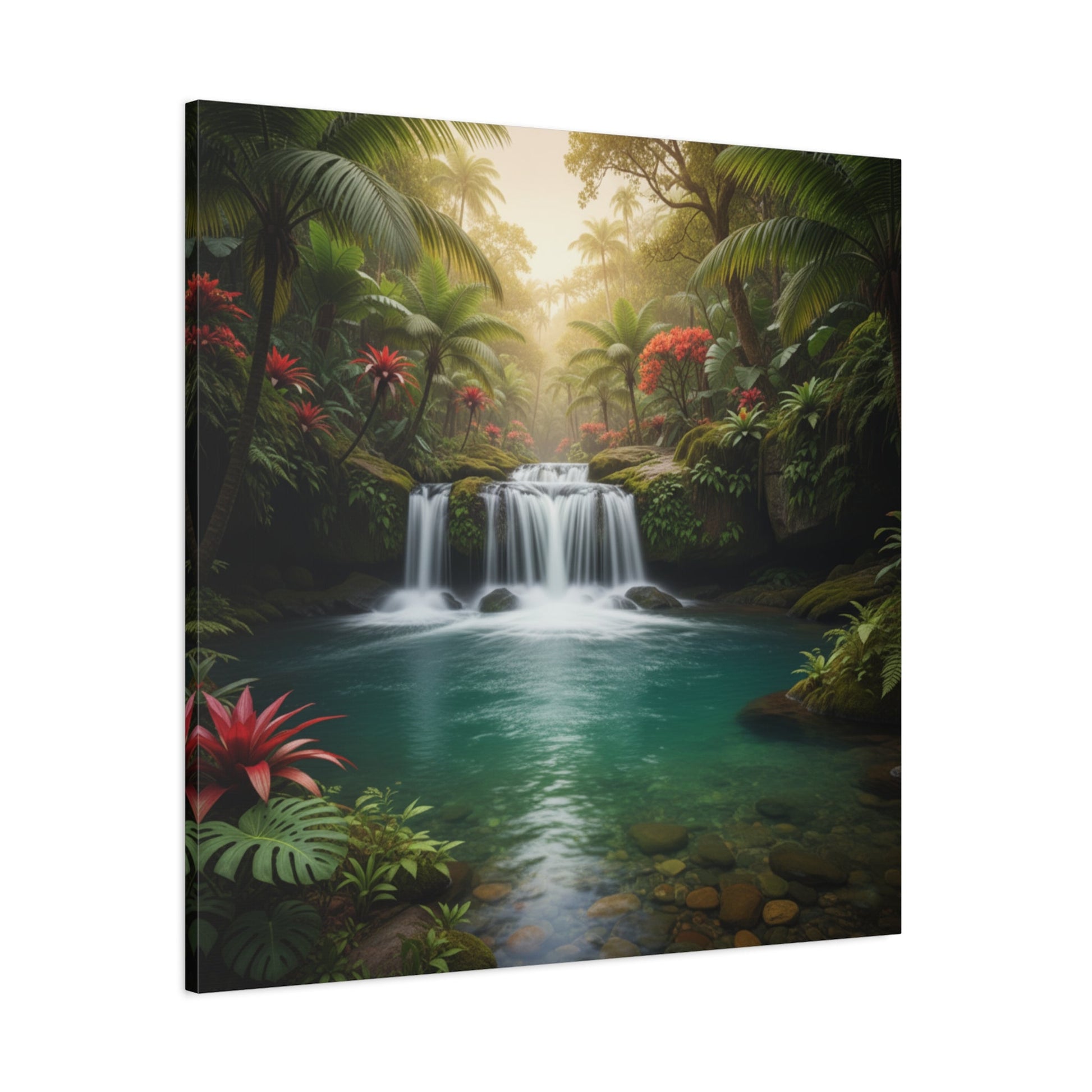 Canvas wall art featuring a tropical waterfall surrounded by lush greenery and vibrant flowers for a calming home decor touch
