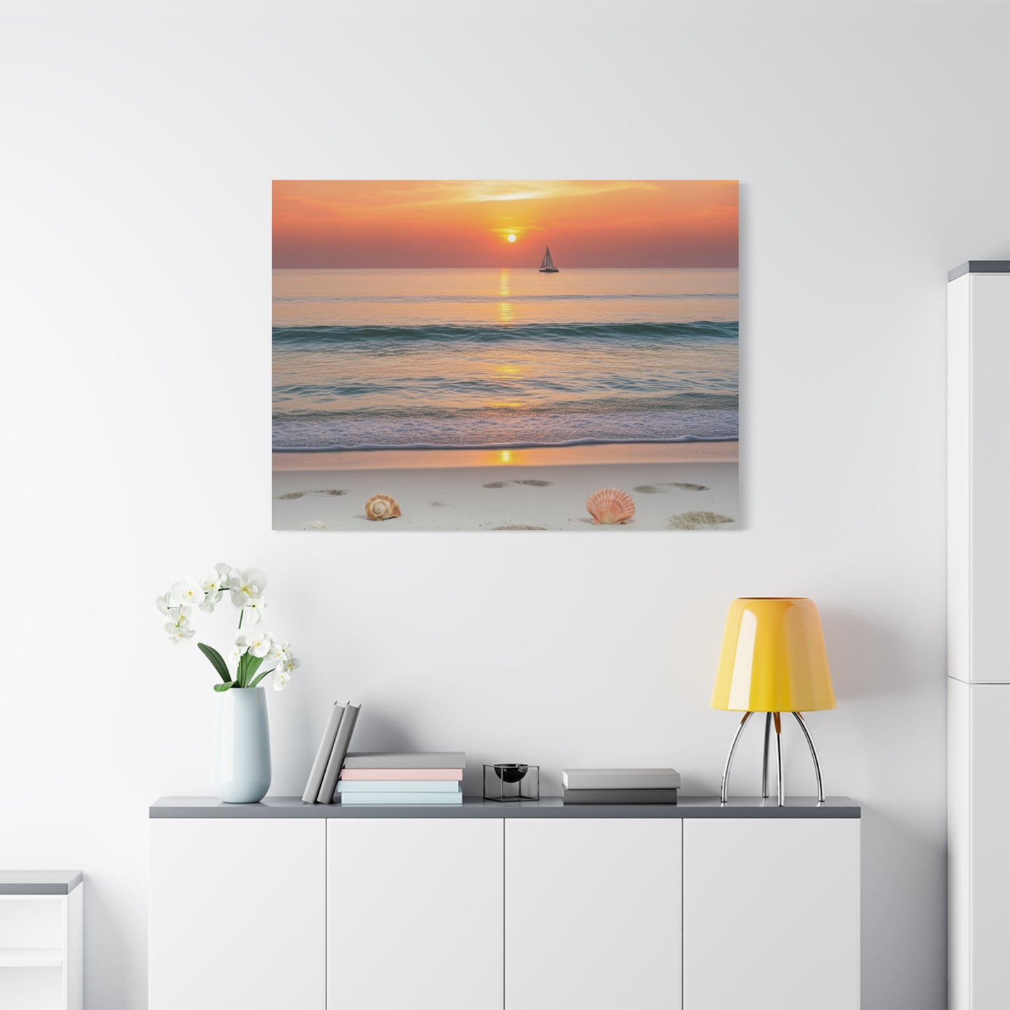 Peaceful Beach Sunset Canvas - Calming Footprints &amp; Seashells Wall Art for Bedroom