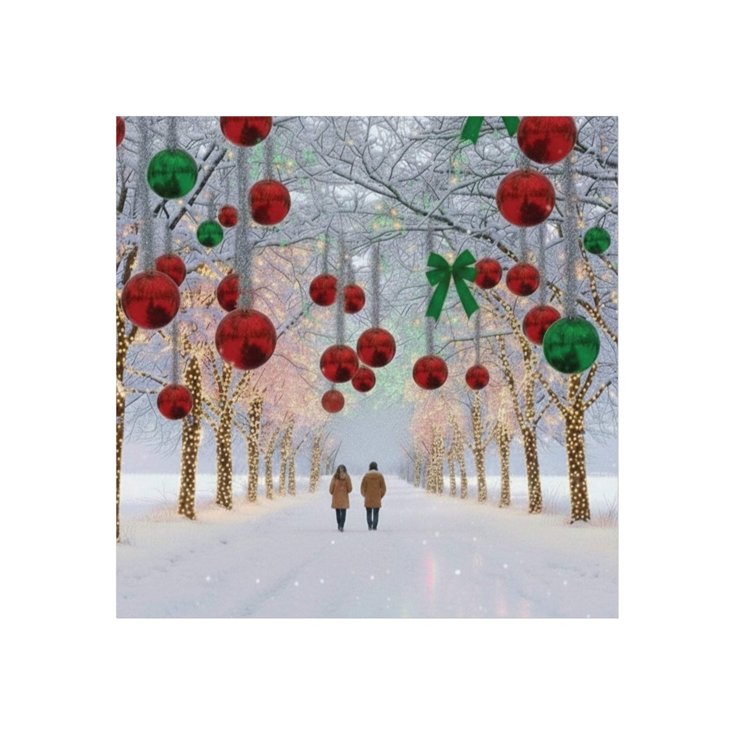 Couple walking under red and green Christmas lights in snowy winter scene poster