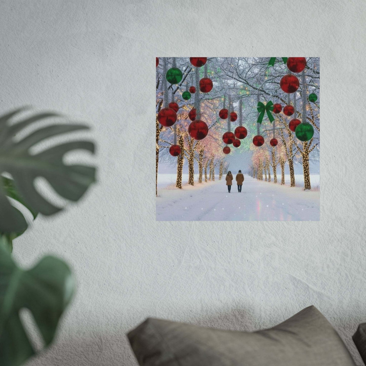 Couple walking under decorated trees with winter Christmas lights poster on wall