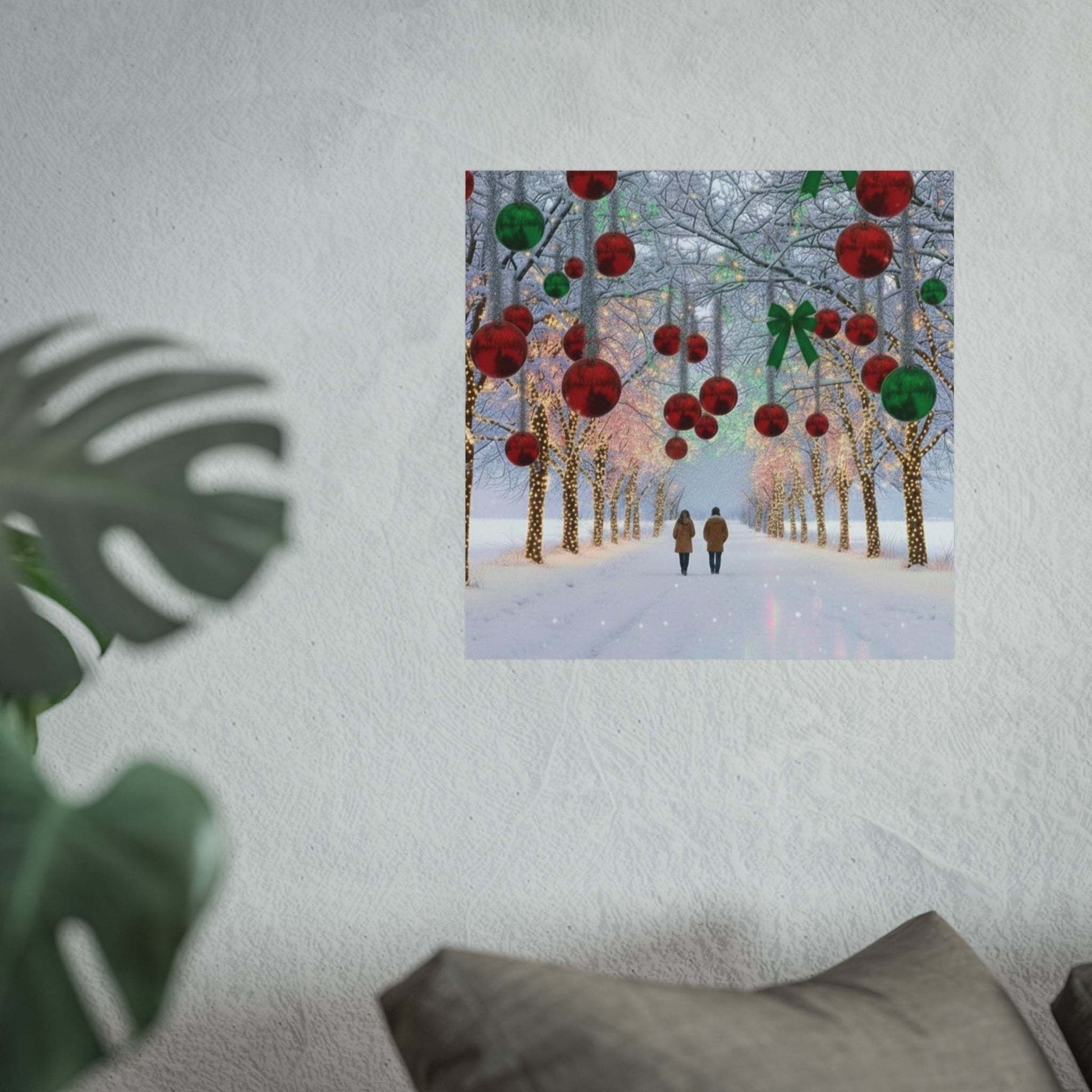 Couple walking under decorated trees with winter Christmas lights poster on wall