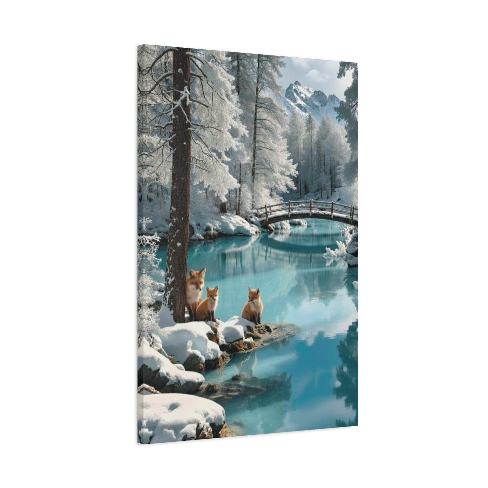 Matte canvas wall art featuring winter landscape with three foxes by snowy river and wooden bridge