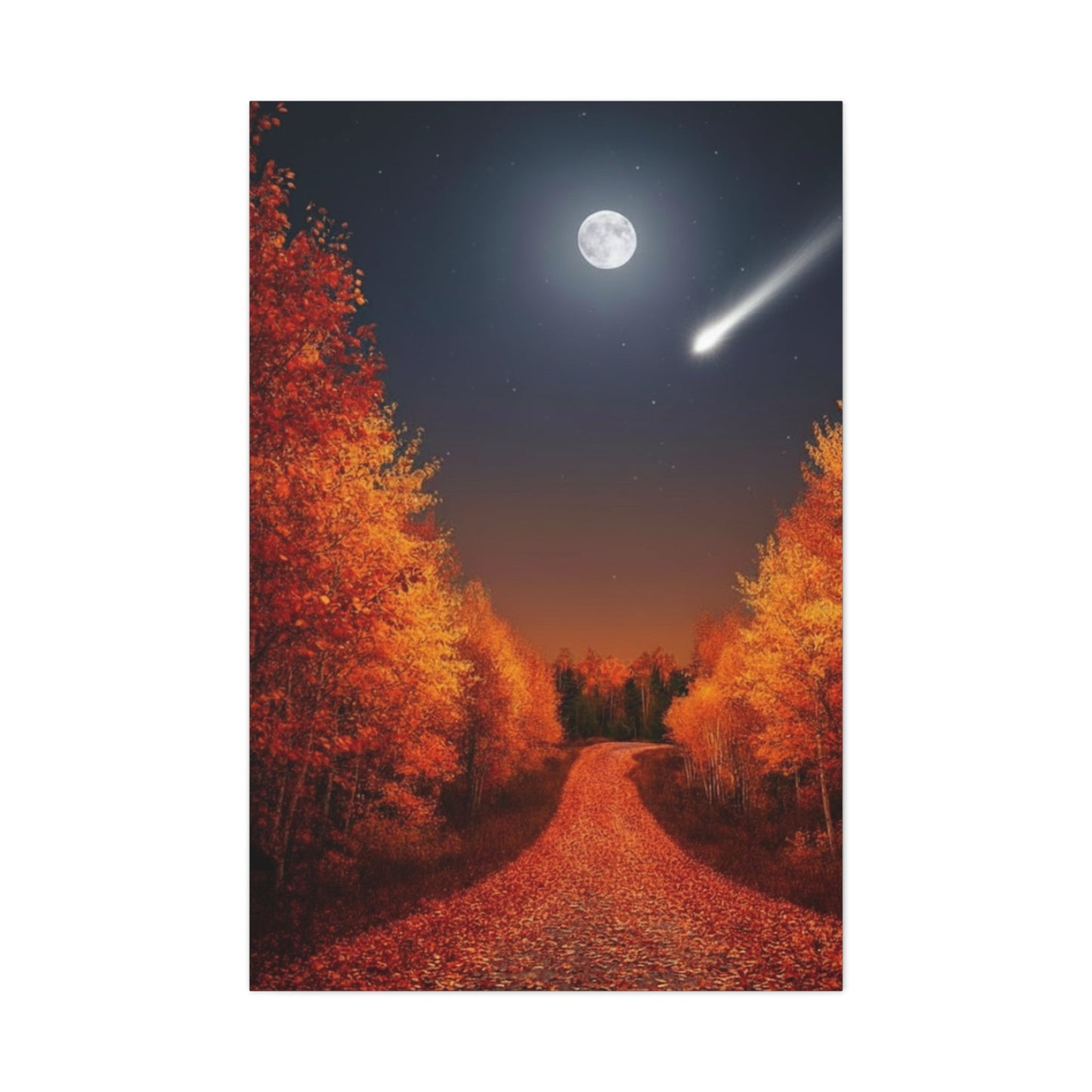 Canvas wall art of an autumn forest road under a full moon with a shooting star and fall foliage