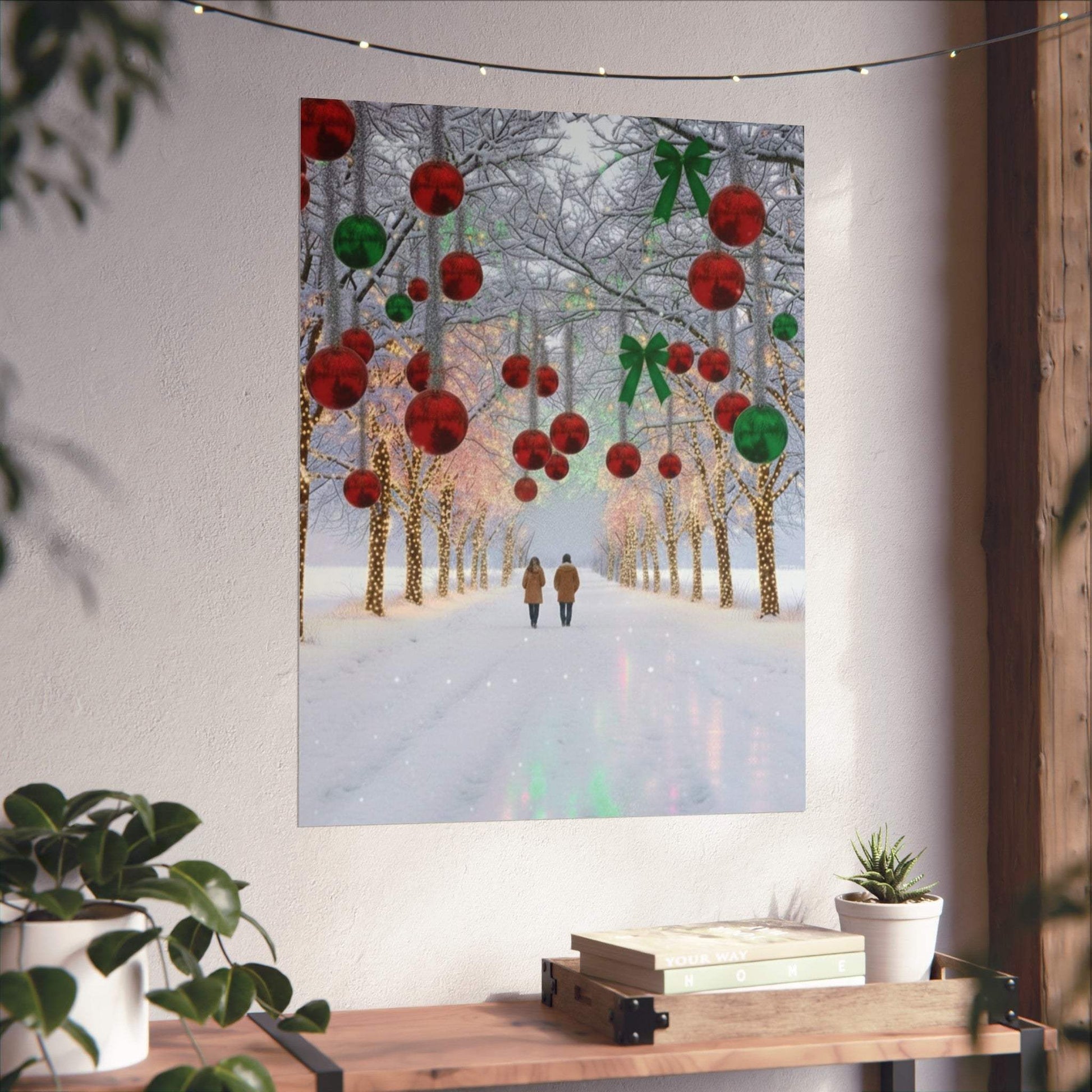 Winter Christmas lights poster with a couple walking under decorated snowy trees