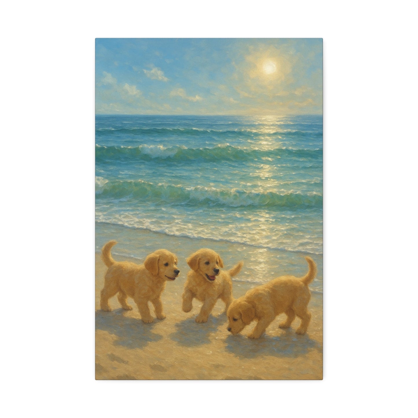 Abstract canvas wall art of three Golden Retriever puppies on a sunlit beach with turquoise waves and golden sunlight reflection