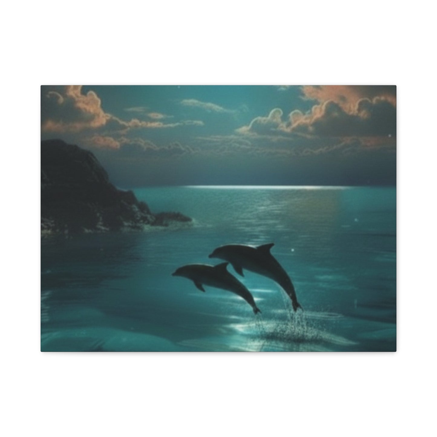 Dolphins in Turquoise Moonlit Ocean Canvas Wall Art