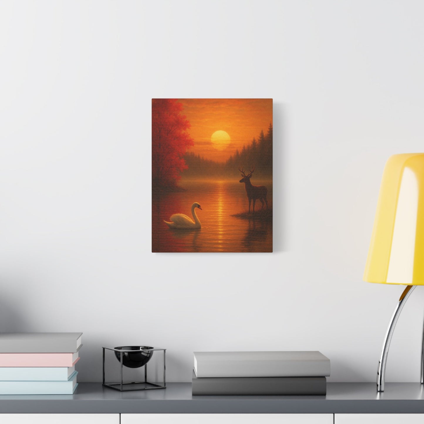 Dusk on the Autumn Lake Sunset canvas wall art featuring swan, deer, and vibrant autumn colors at sunset