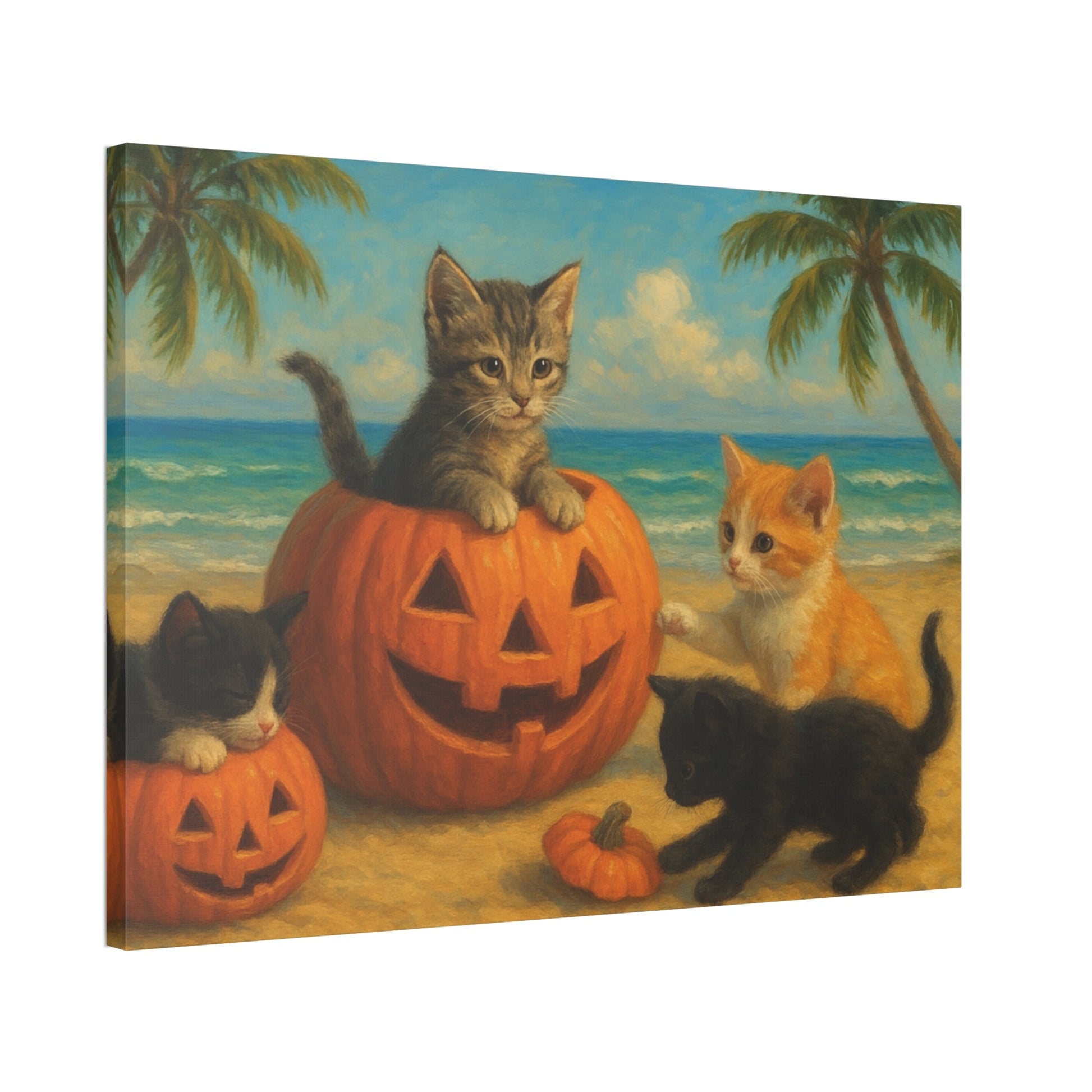 Canvas-Pumpkin Kittens wall art with kittens and pumpkins on beach, cute Halloween and autumn decor for cozy living room