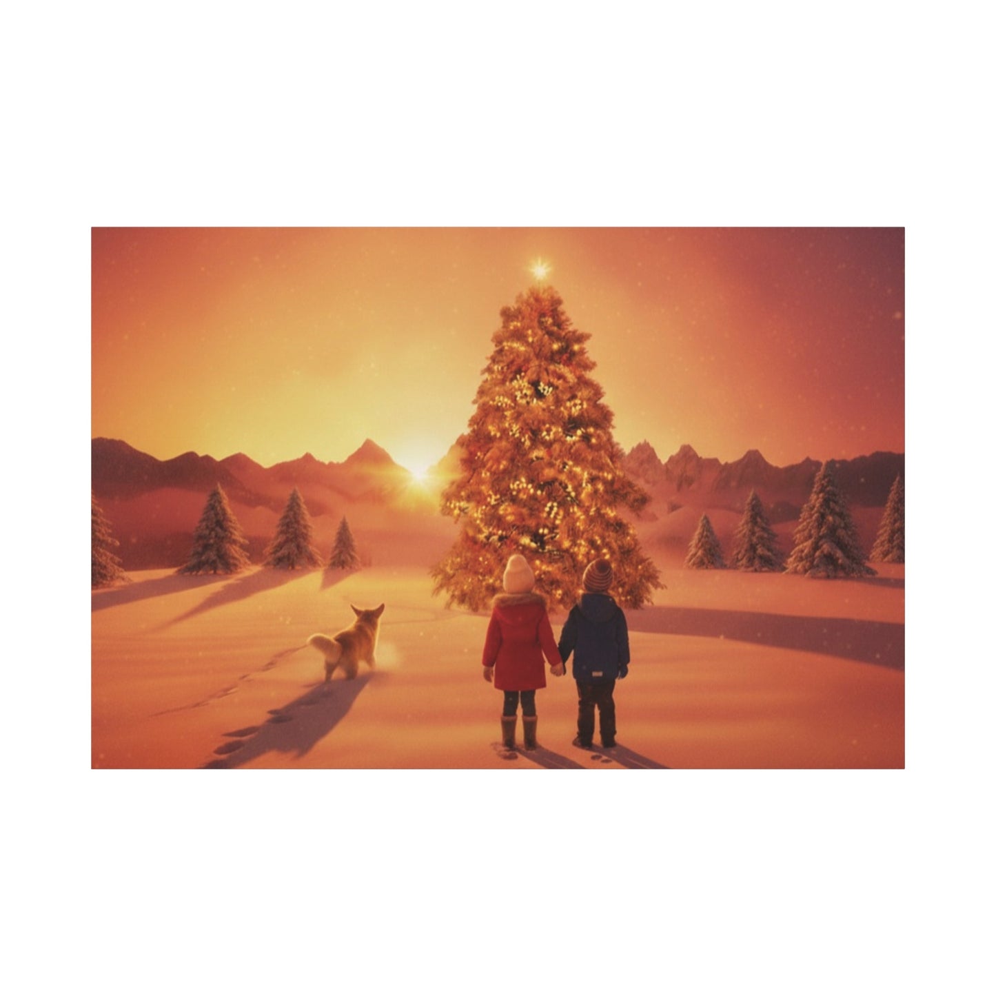 Canvas wall art of children and dog discovering a Christmas tree at sunrise in snowy field