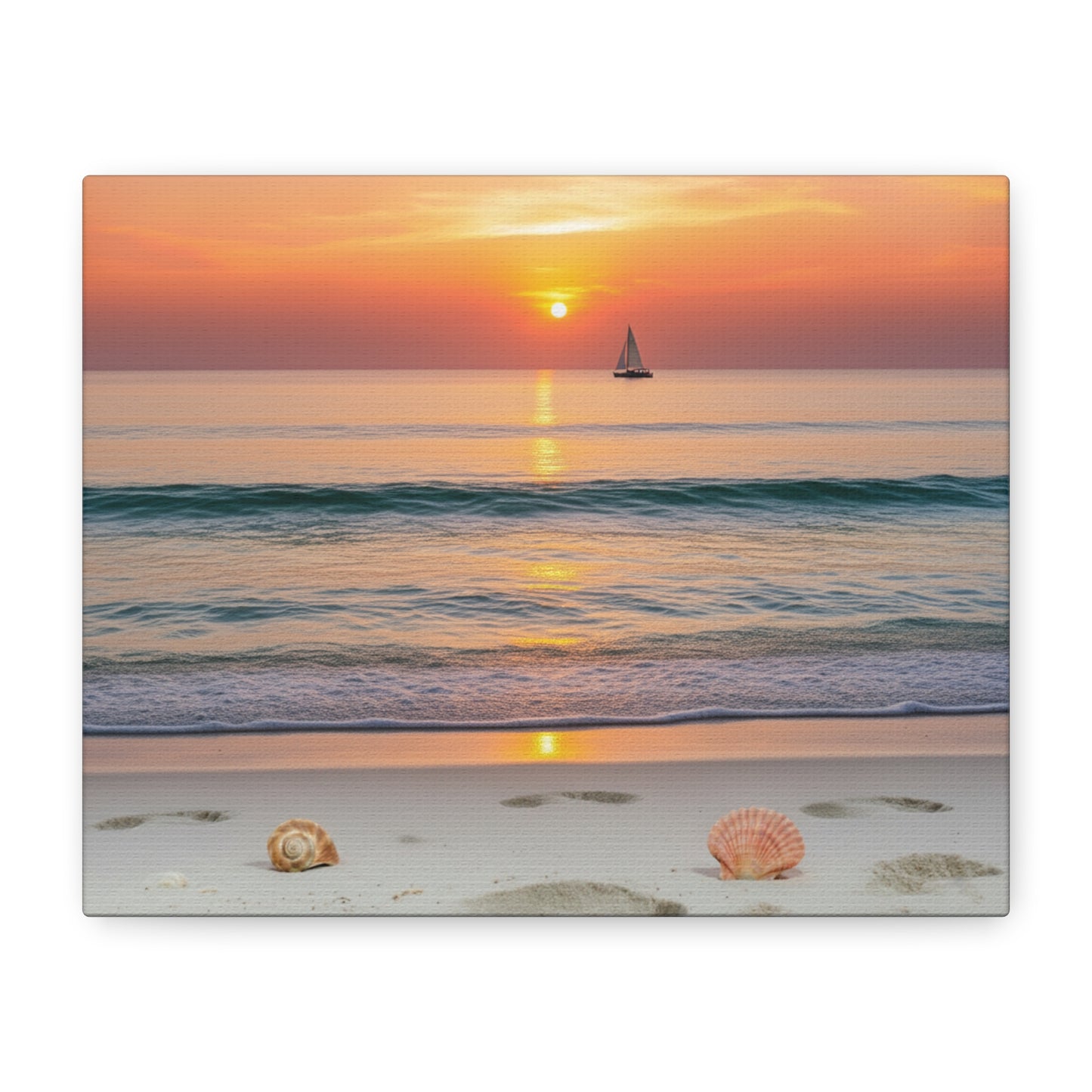 Peaceful Beach Sunset Canvas - Calming Footprints &amp; Seashells Wall Art for Bedroom