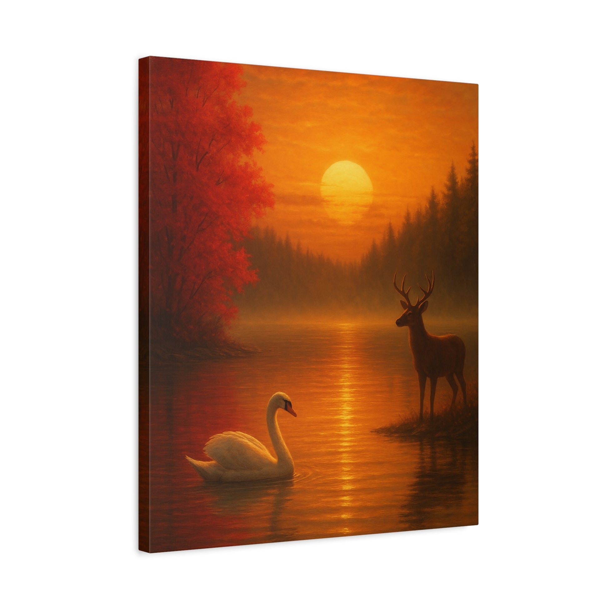 Dusk on the Autumn Lake Sunset canvas wall art featuring swan, deer, and fiery sunset over reflective water
