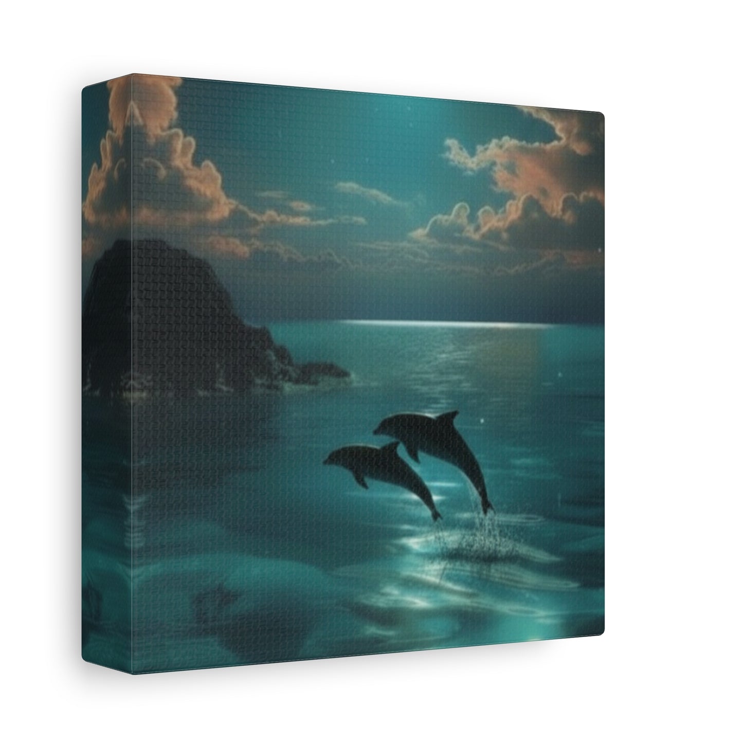 Dolphins in Turquoise Moonlit Ocean Canvas Wall Art