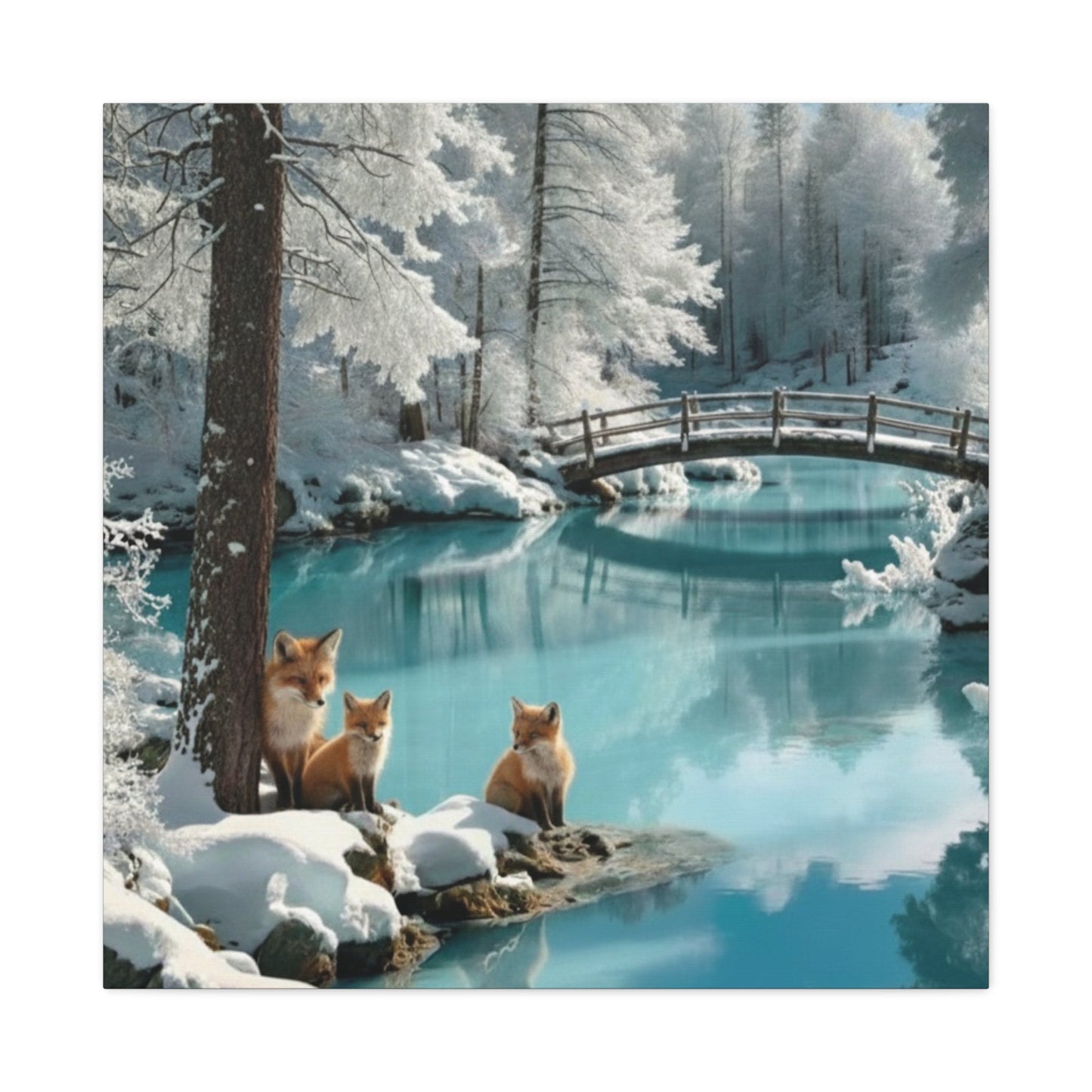 Canvas wall art featuring winter foxes by a snowy river with a wooden bridge in a serene landscape