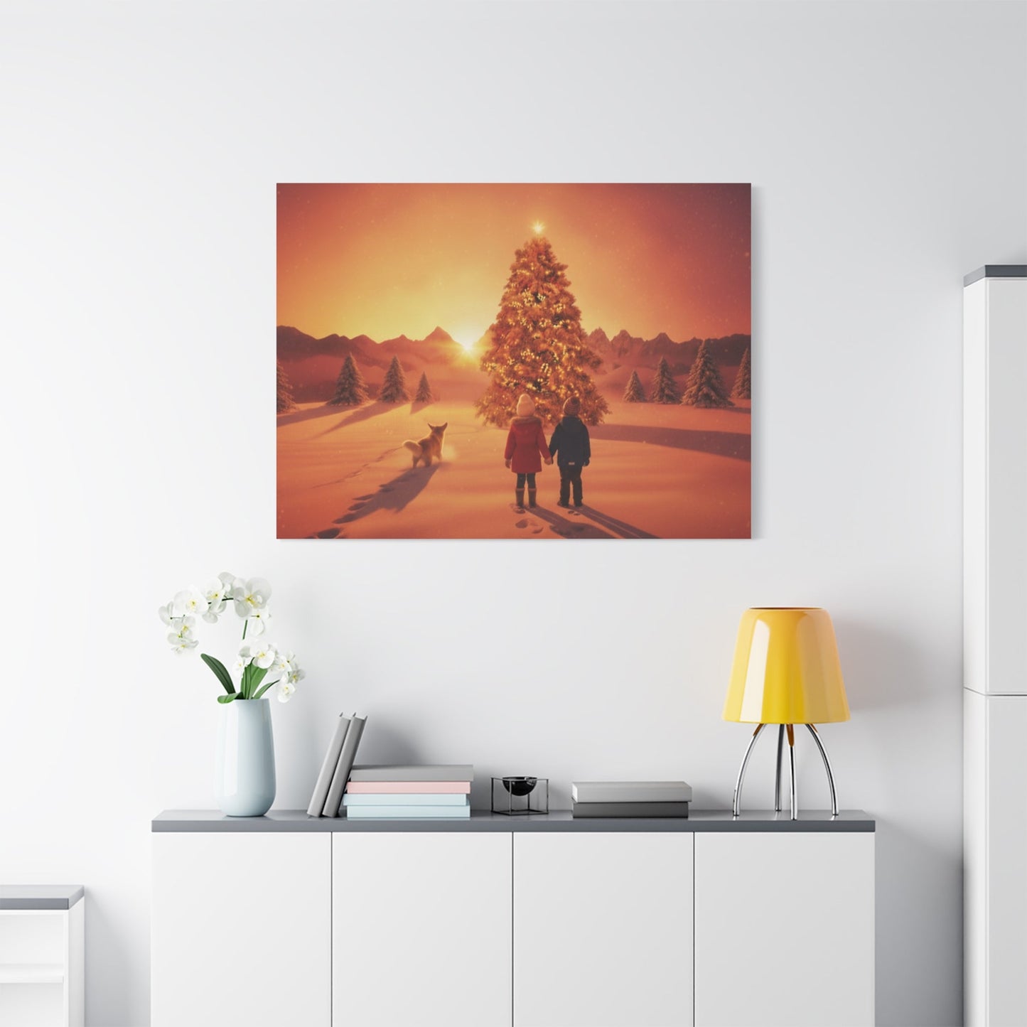 Canvas wall art depicting children and a golden retriever discovering a glowing Christmas tree at sunrise in a snowy field