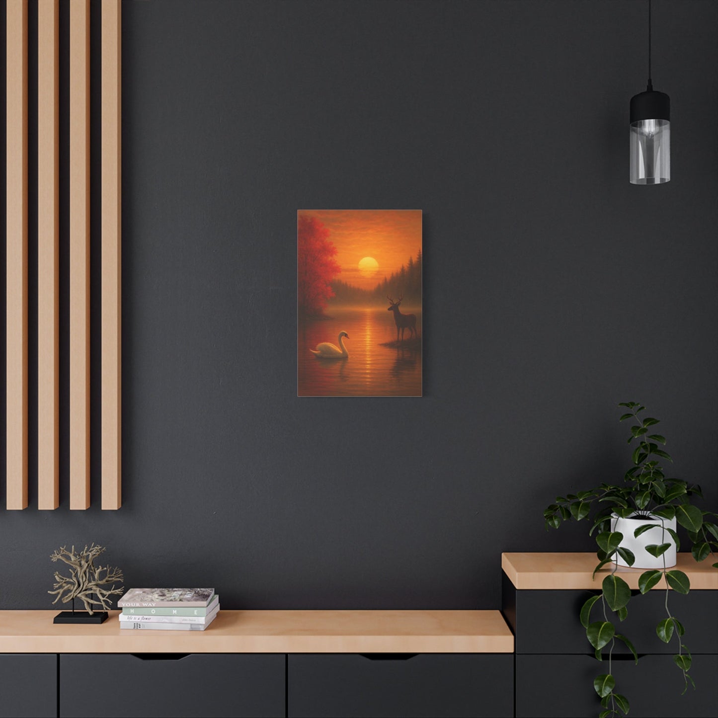 Dusk on the autumn lake sunset canvas wall art featuring swan and deer with fiery sun and crimson maple leaves