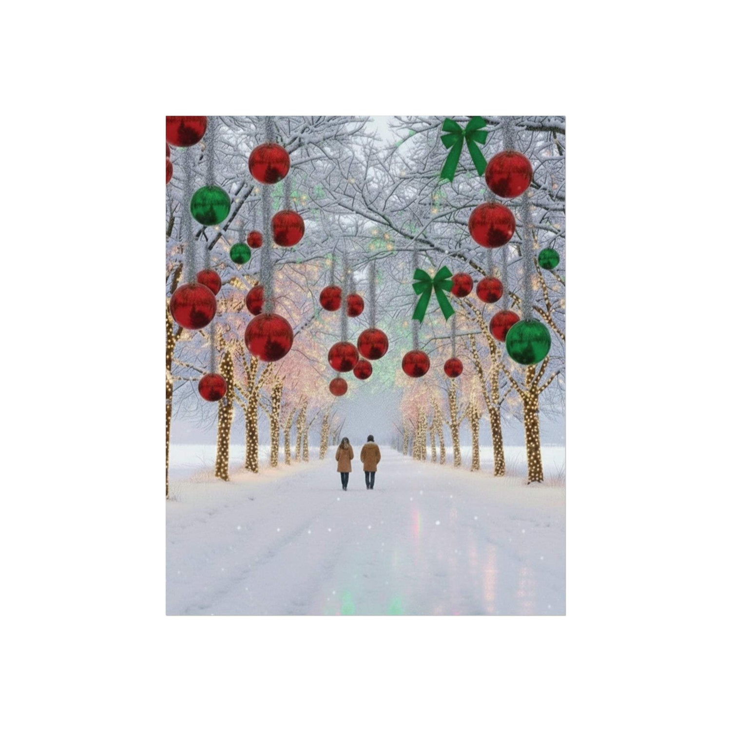 Couple walking under winter Christmas lights and decorated trees in snowy park poster
