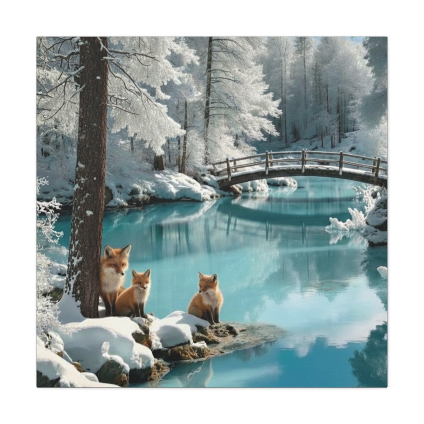 Canvas wall art featuring winter foxes by a snowy river and wooden bridge in a serene natural landscape