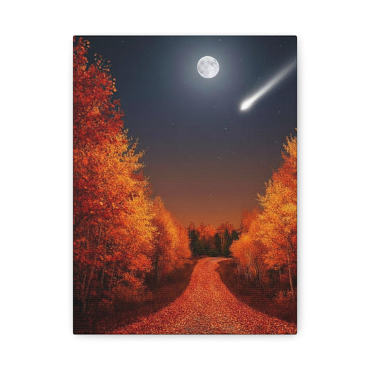 Canvas wall art depicting a quiet autumn forest road under a full moon and shooting star