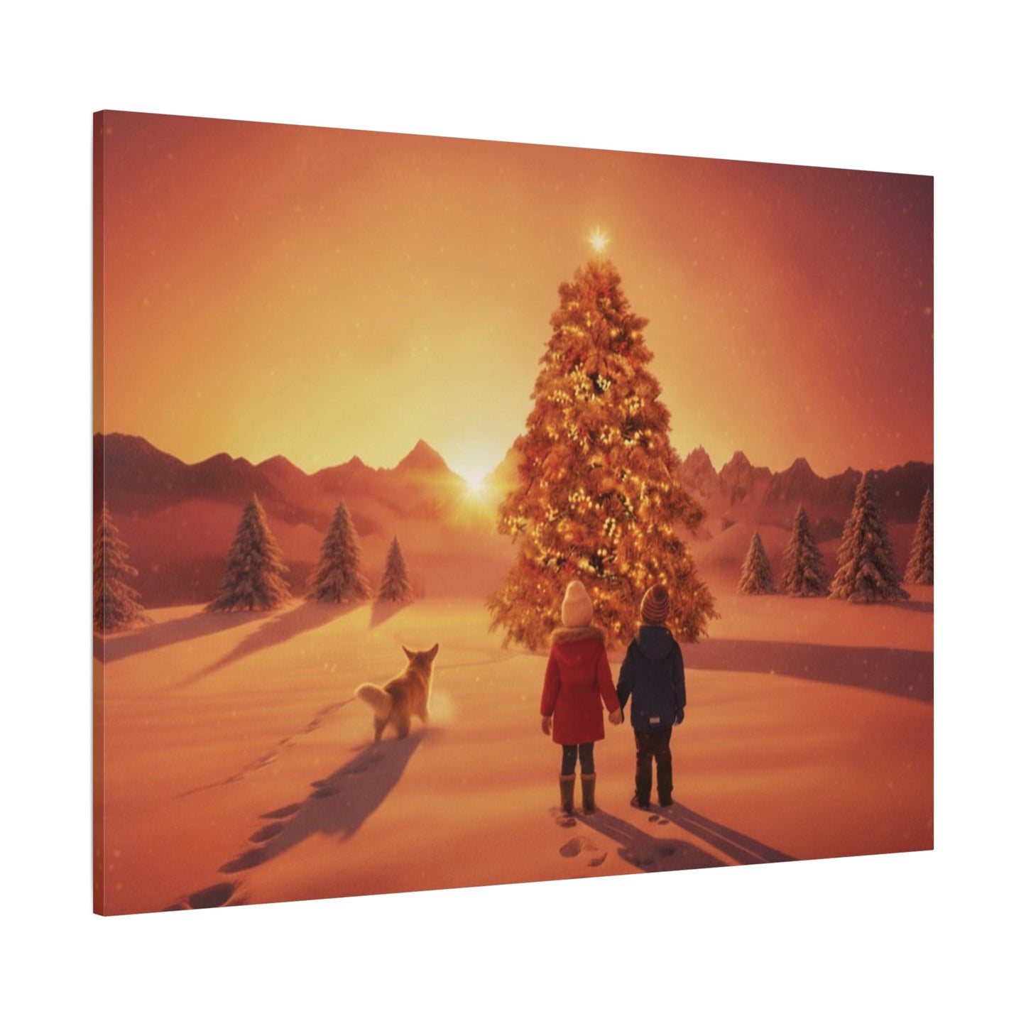 Christmas dawn canvas wall art of children and dog by glowing tree in snowy field at sunrise