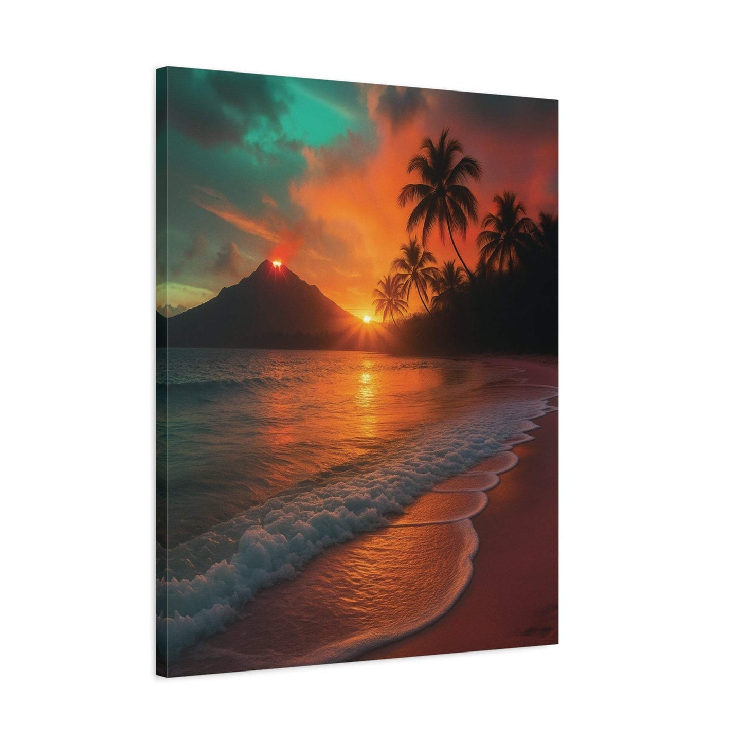 Canvas wall art of red lava volcano at sunrise with ocean and palm trees for nature lovers and home decor