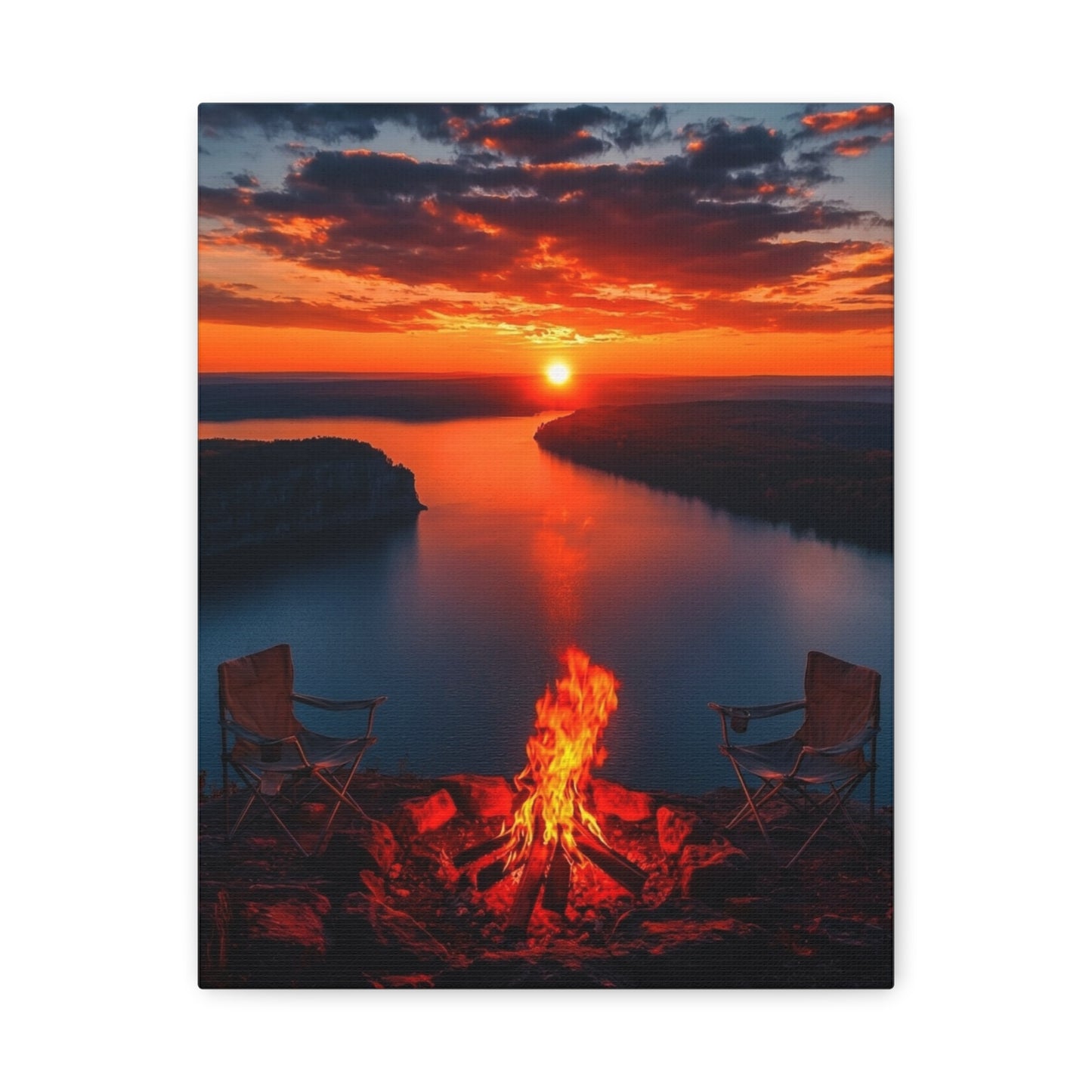 Red Sunset River Canvas — Relaxing by Fire Matte Stretched Wall Art