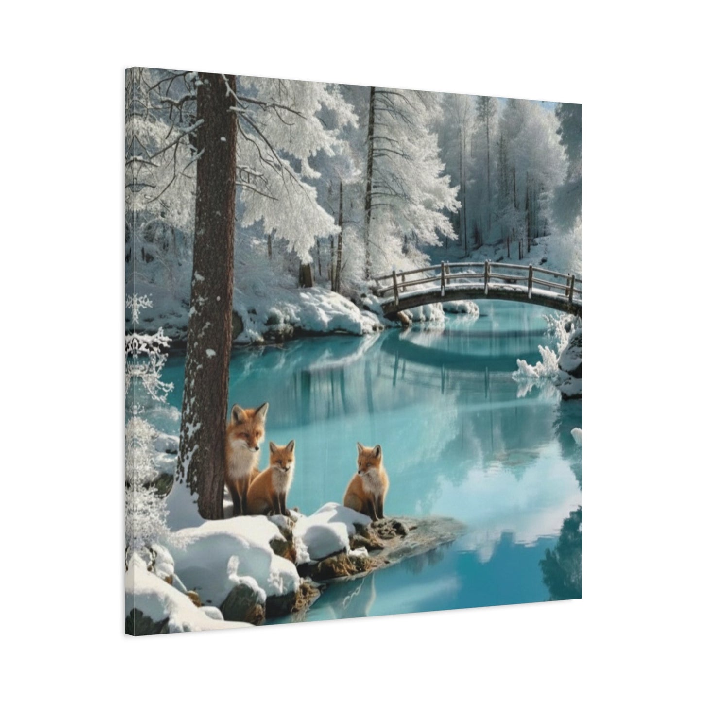 Canvas wall art featuring winter foxes by a snowy river with a wooden bridge in a serene landscape
