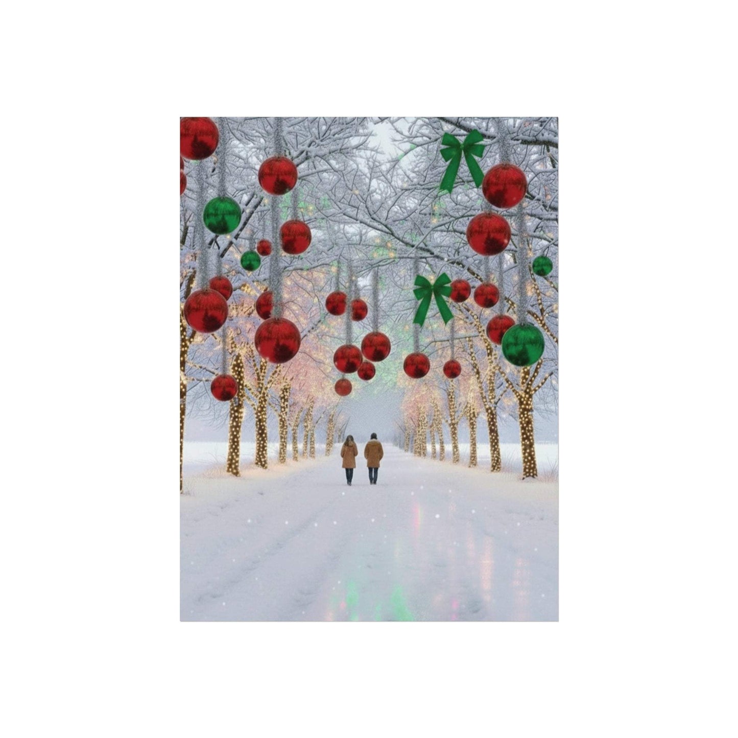 Couple walking under winter Christmas lights and decorations in snowy park poster