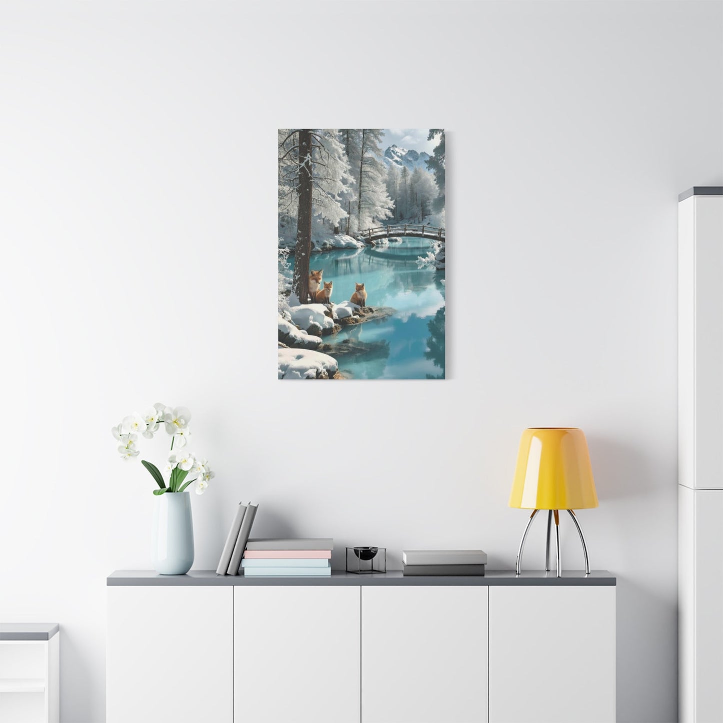 Canvas wall art featuring winter foxes by a serene snowy river with a rustic bridge, perfect for cozy home decor