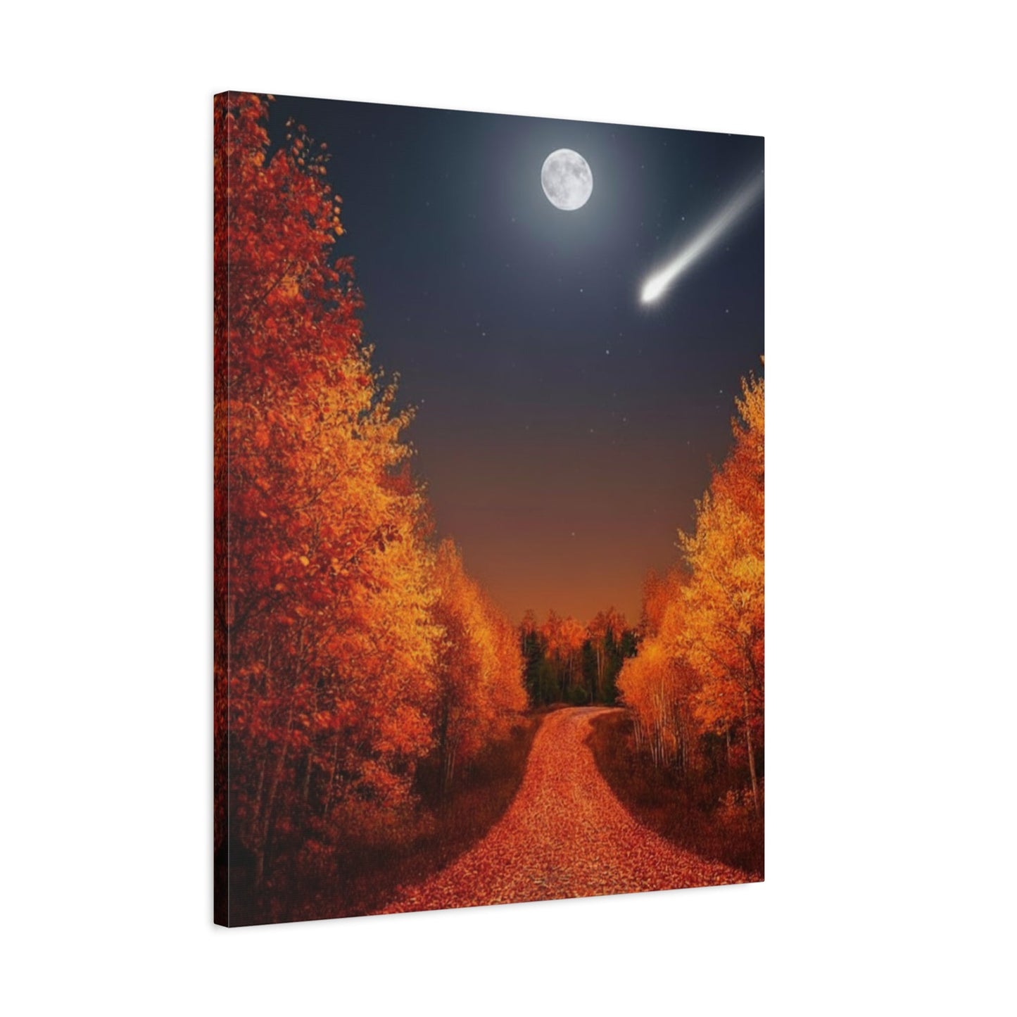 Canvas wall art of autumn forest road under moon and shooting star at night