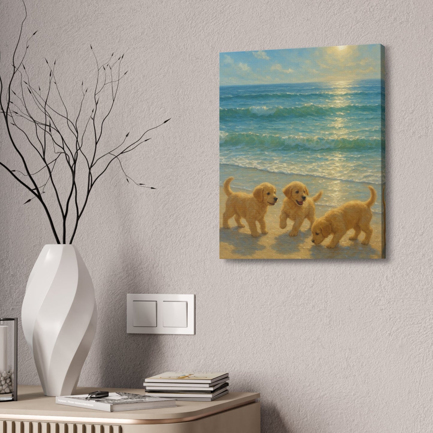 Abstract canvas art of three Golden Retriever puppies playing on a sunlit beach with turquoise waves and golden reflections