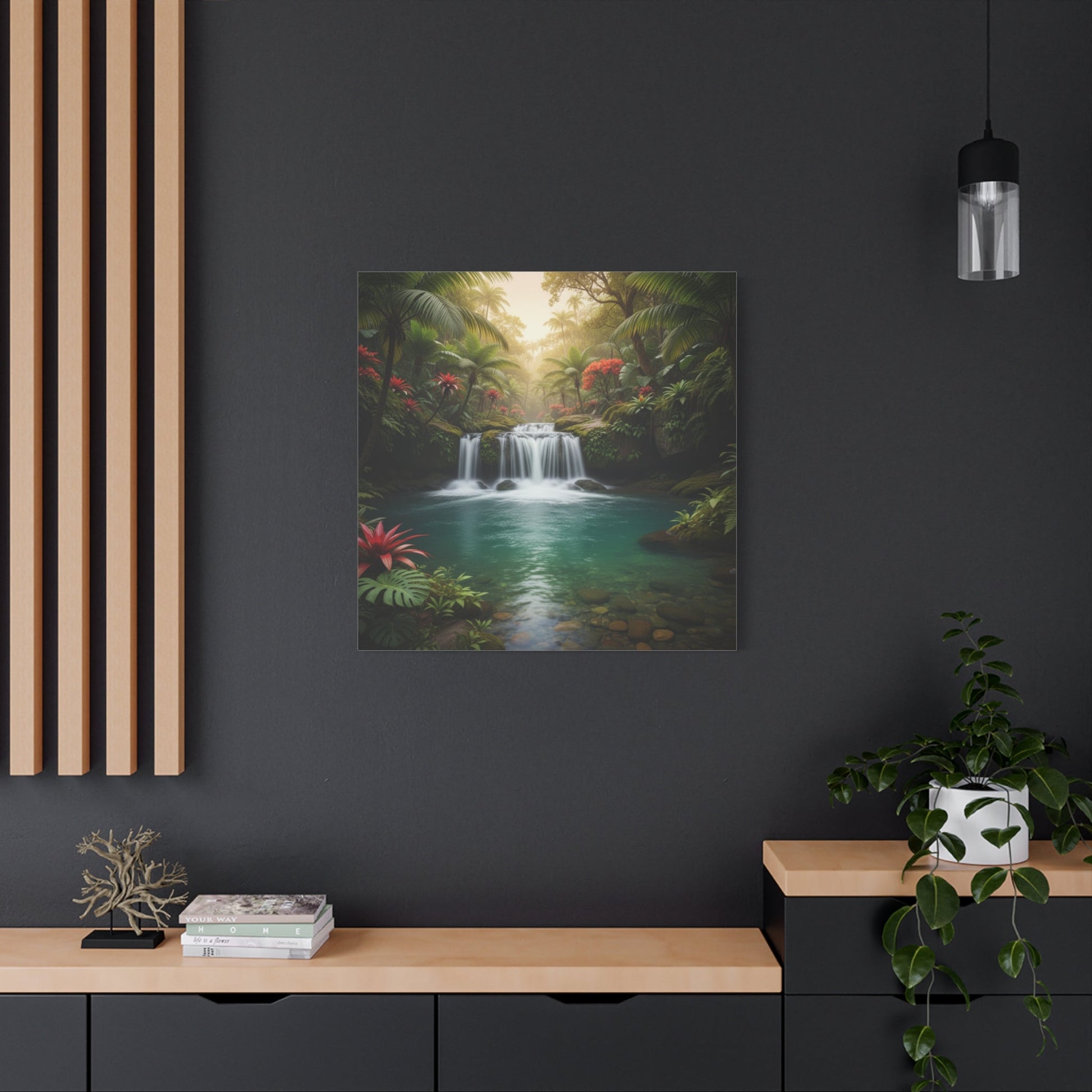 Canvas wall art of a tropical waterfall with lush greenery and vibrant flowers in a modern living space