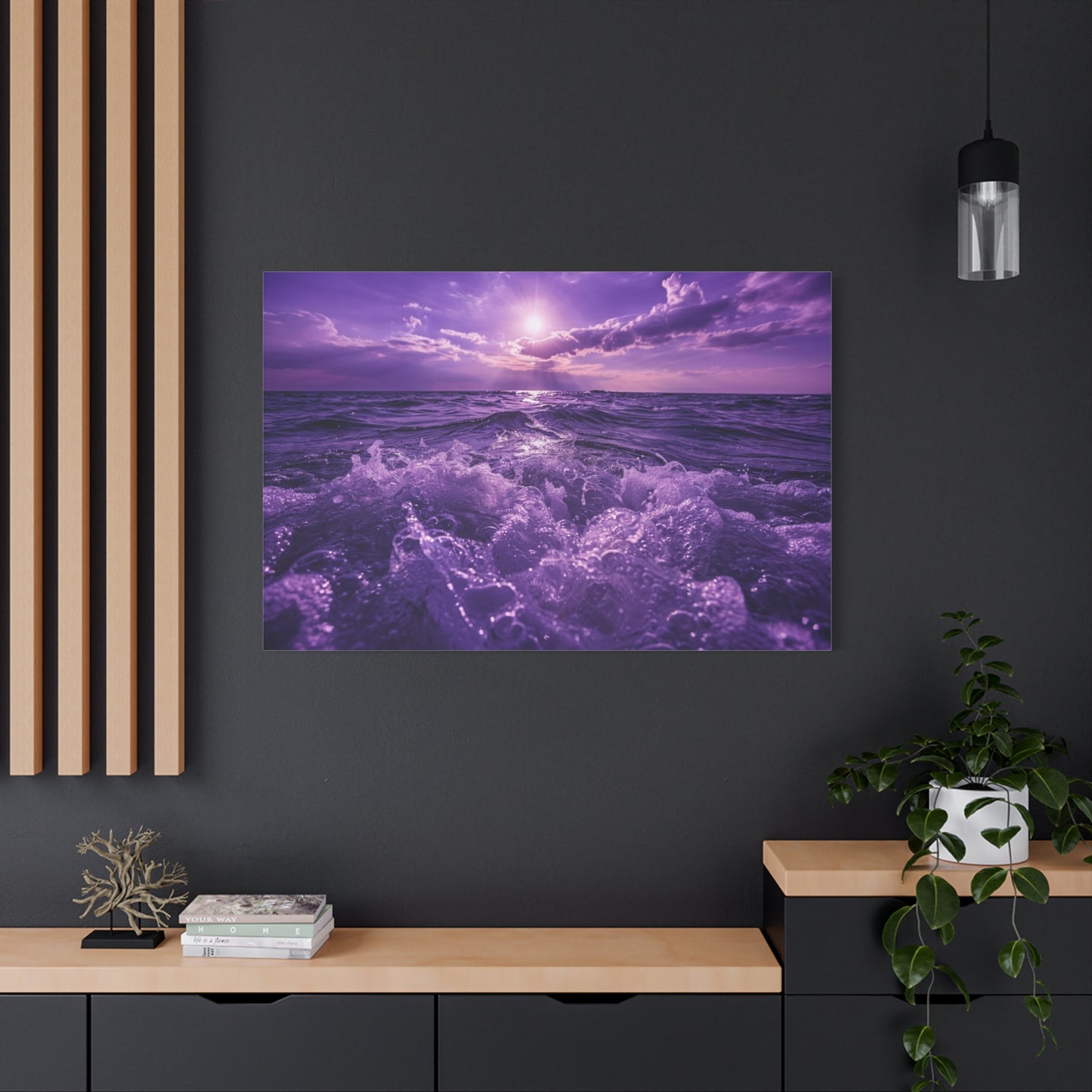 Romantic Purple Ocean Sunrise Matte Canvas Wall Art — Stretched 1.25"