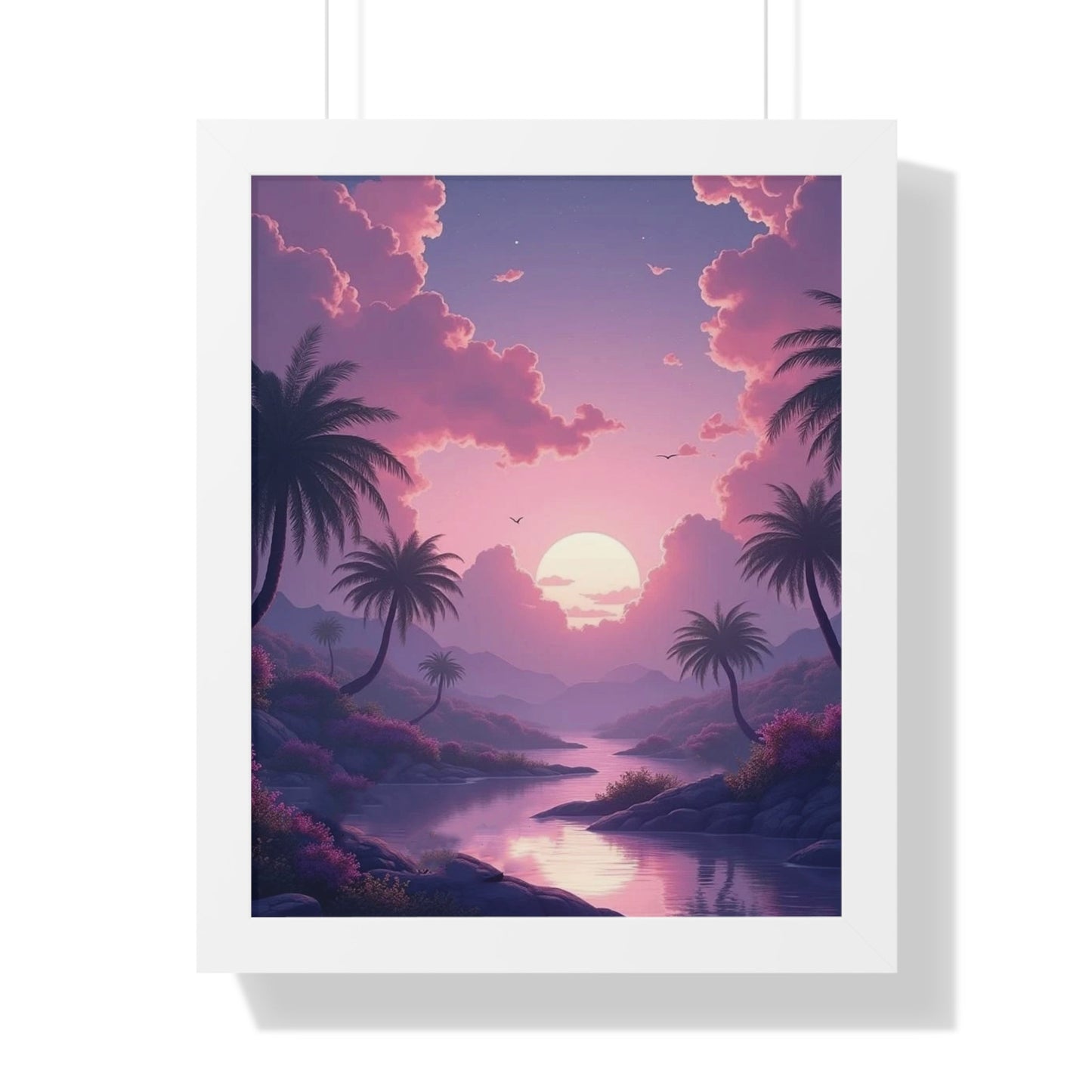 Tropical Sunset Framed Poster featuring serene beach scene with palm trees, purple and pink sky, perfect relaxing wall art for home decor and nature lovers.