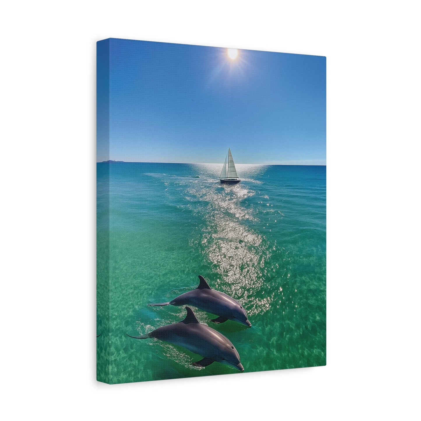 Wall art canvas print of sailboat and dolphins on ocean under bright sun