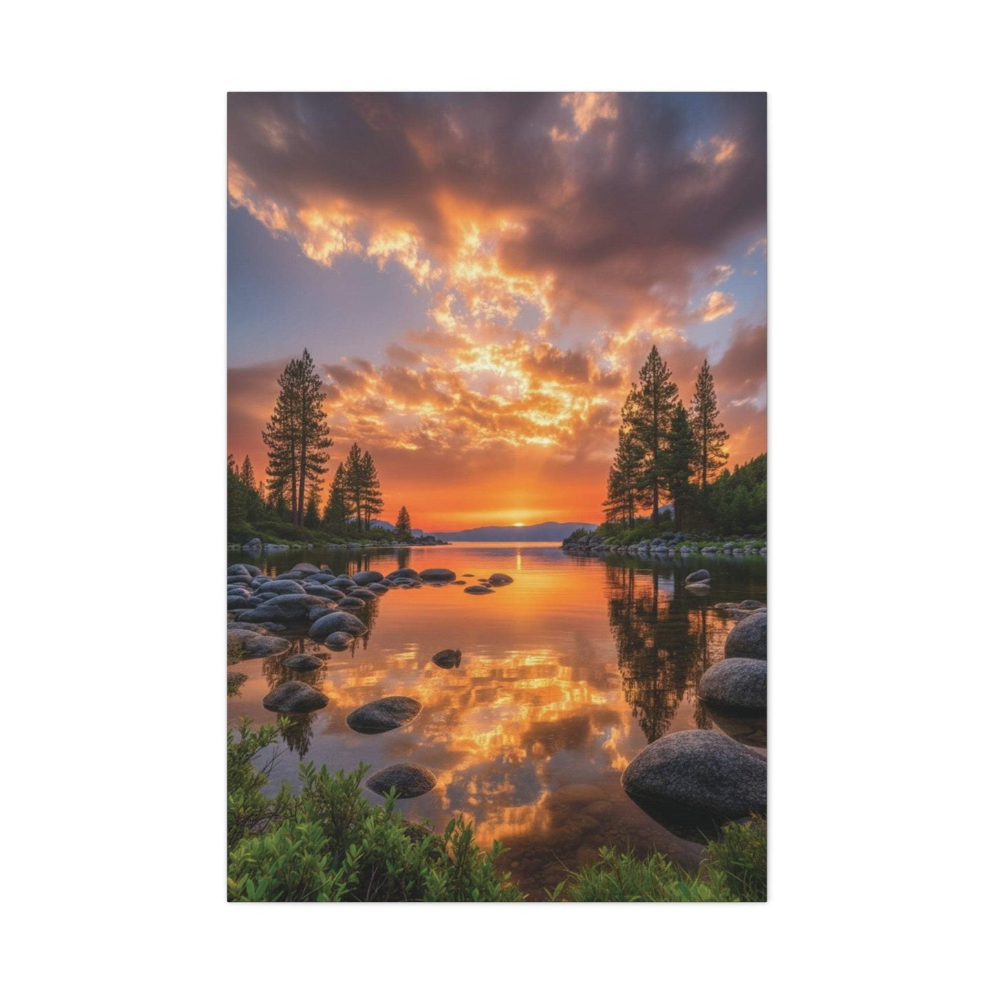 Canvas wall art featuring a vibrant sunrise over a serene river with pine trees and reflective water.