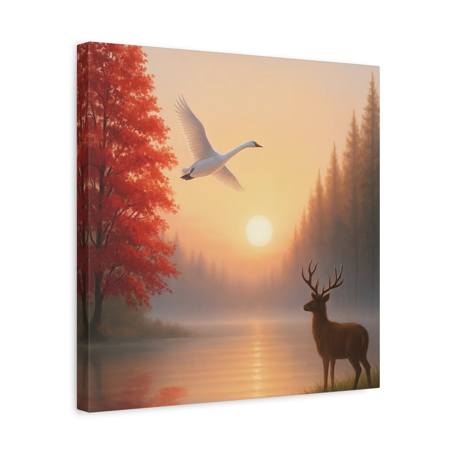 Wall art stretched canvas featuring a serene dawn sunrise with deer and swan by misty lake