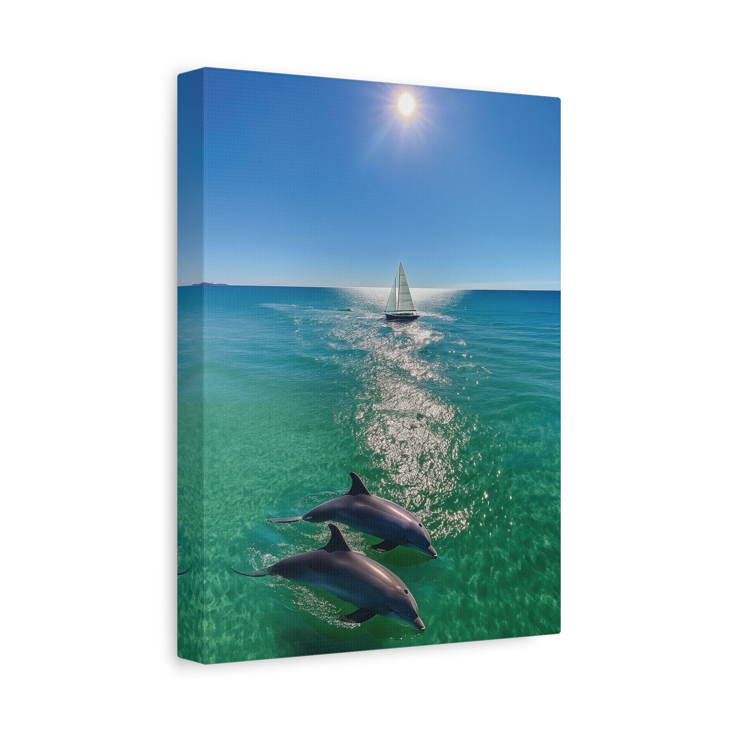 Wall art canvas print featuring a sailboat and dolphins playing under the sun over the ocean.