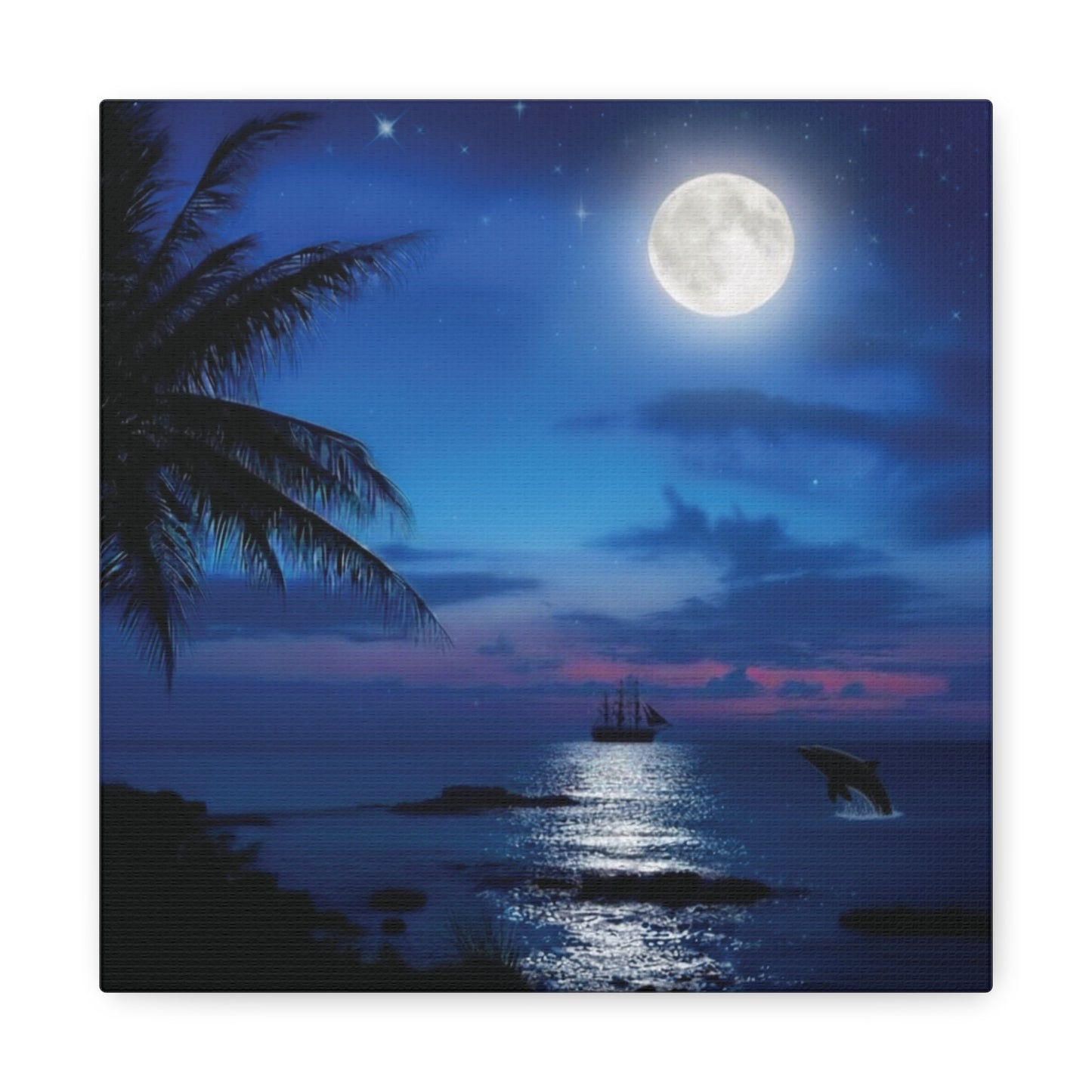Blue Sky Moon lit Tropical Escape Canvas Wall Art