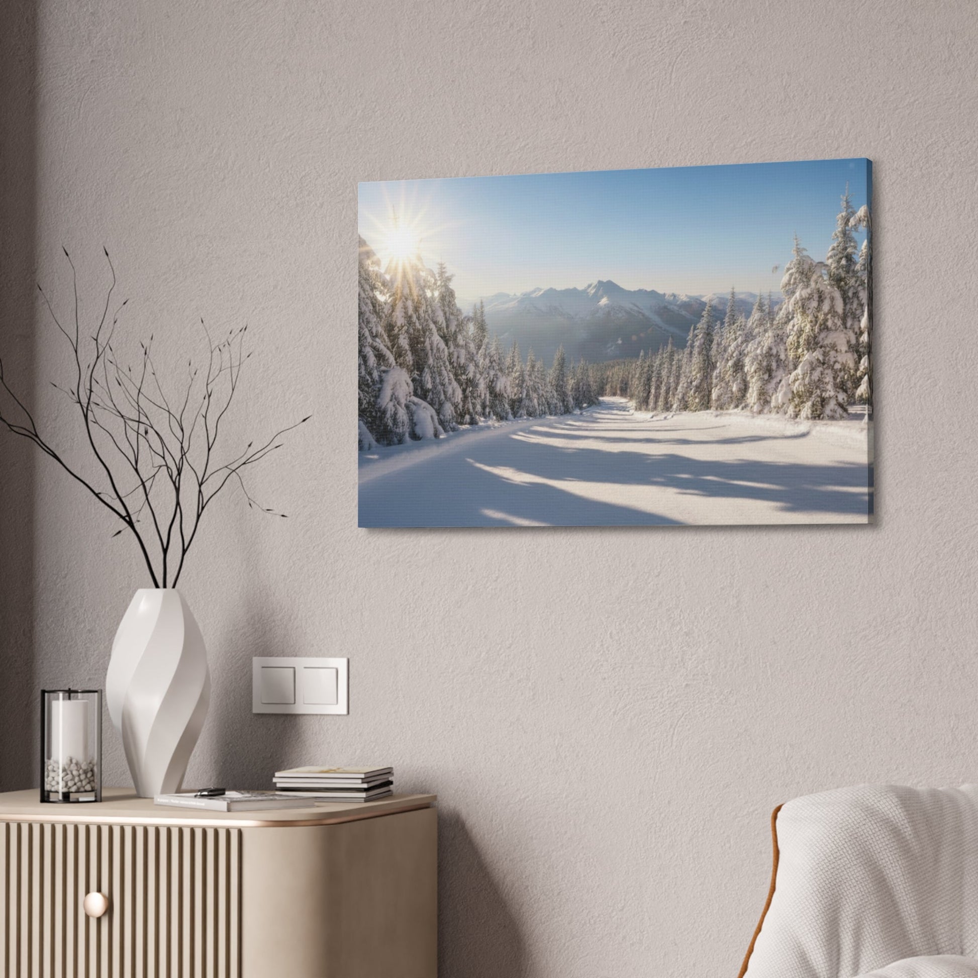 Canvas wall art of a tranquil wintry trail with snow-covered trees and mountains at sunrise